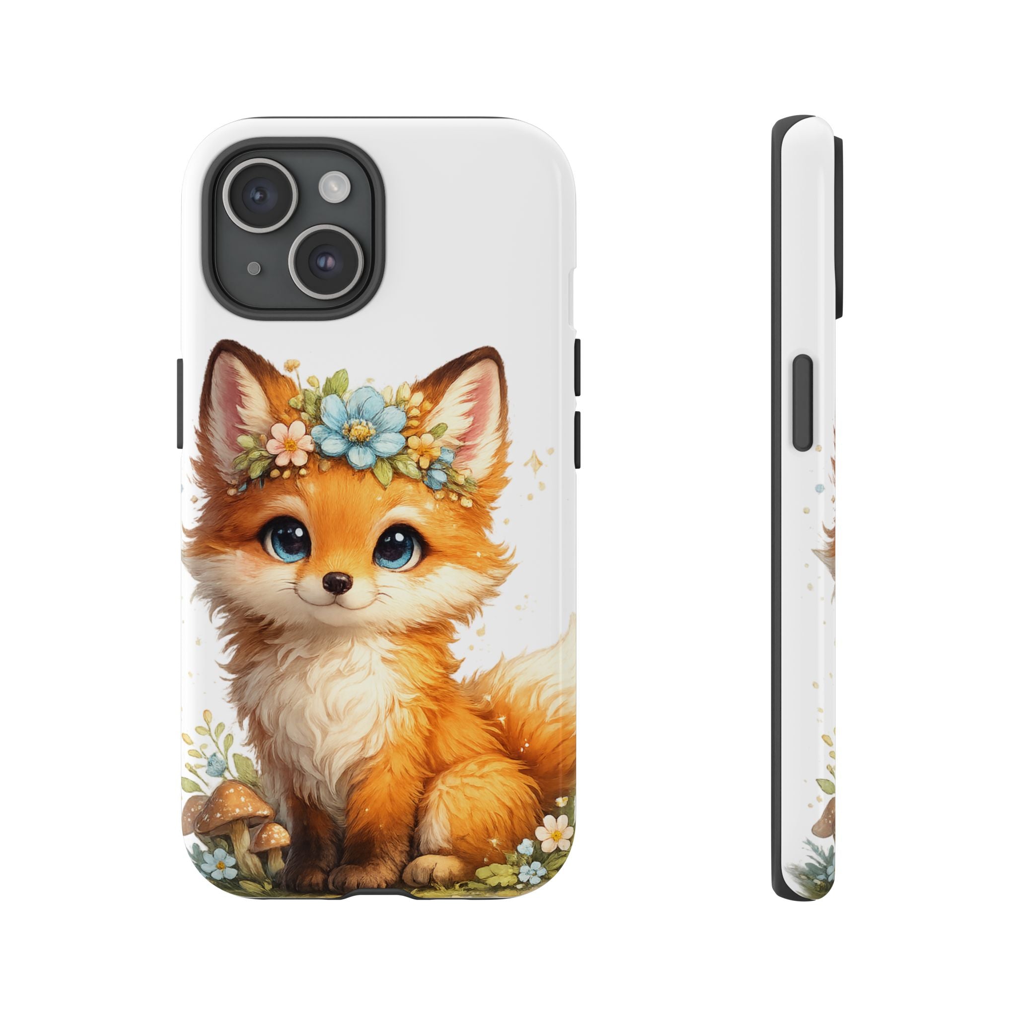 Woodland Fox Cub Phone Case — Protective Tough Case with Floral & Mushroom Art