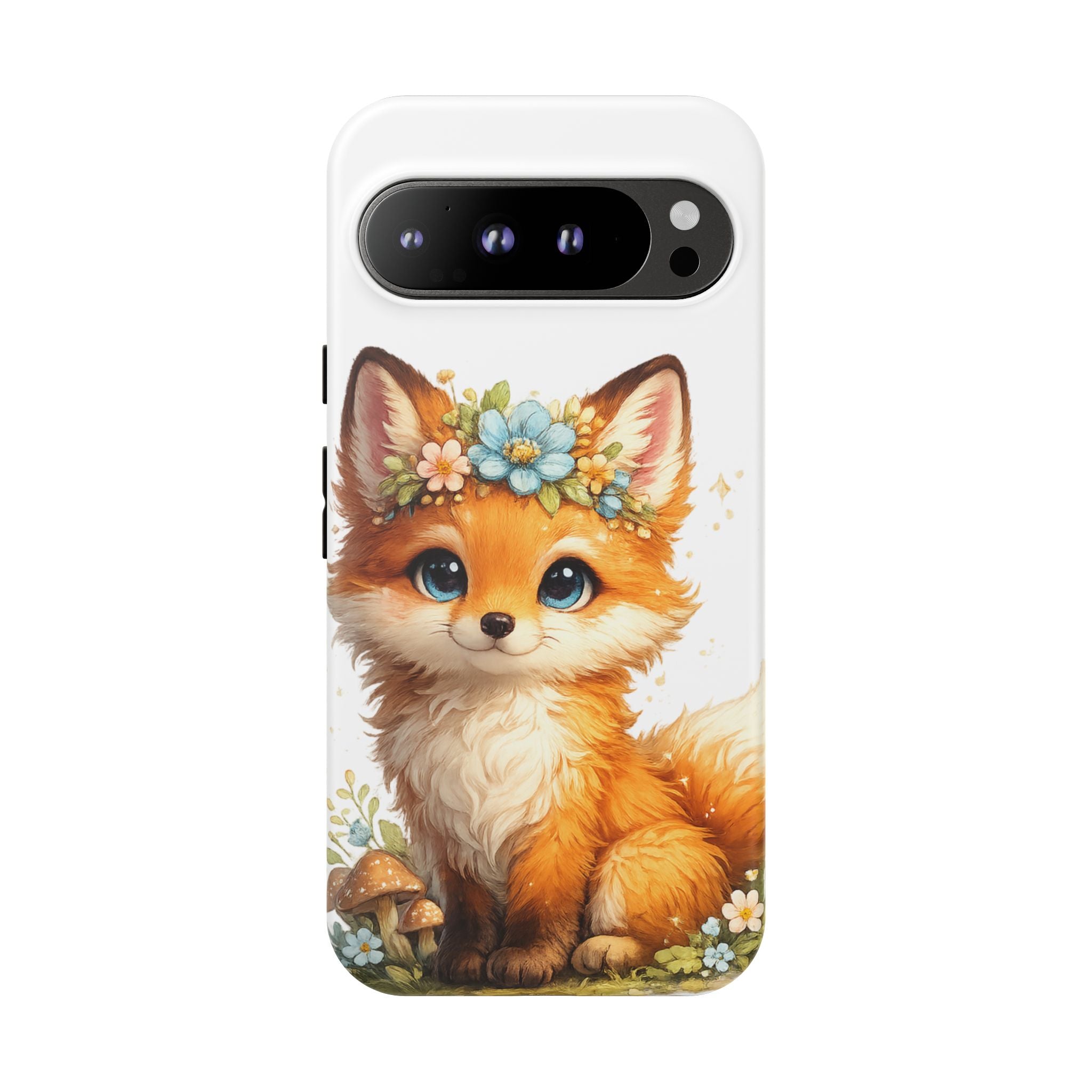 Woodland Fox Cub Phone Case — Protective Tough Case with Floral & Mushroom Art