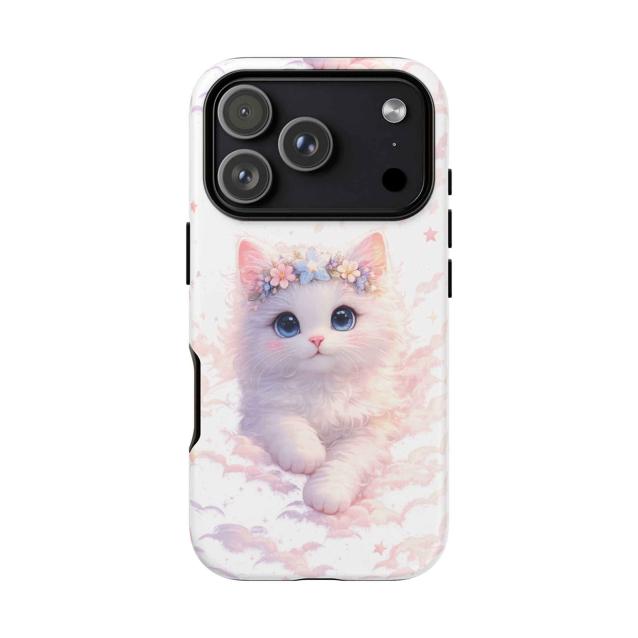 Cute Crowned Kitten Phone Case — Pastel Cloud & Star Protective Case