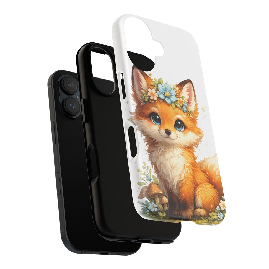 Woodland Fox Cub Phone Case — Protective Tough Case with Floral & Mushroom Art