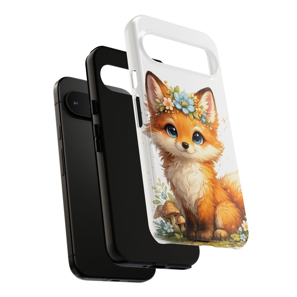 Woodland Fox Cub Phone Case — Protective Tough Case with Floral & Mushroom Art