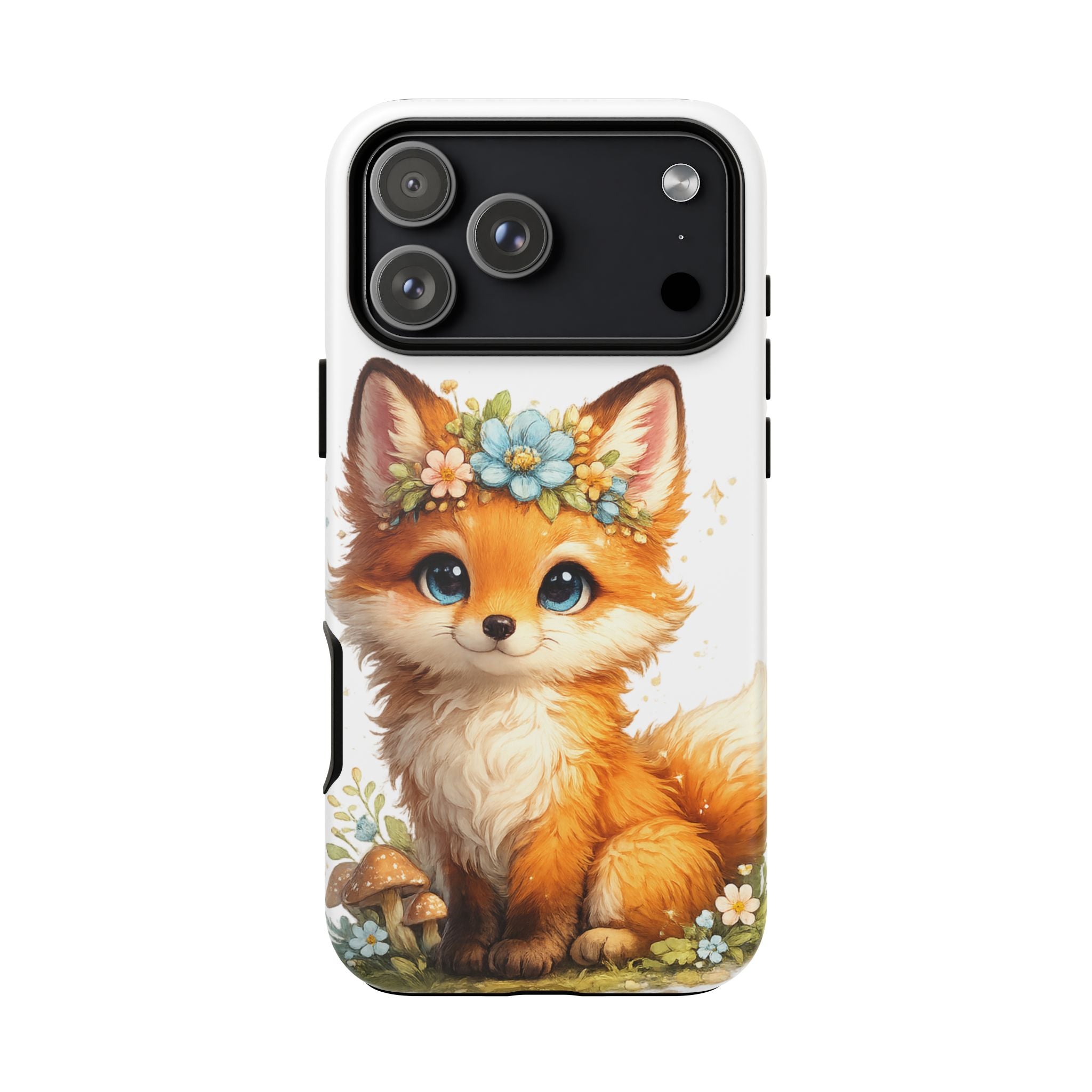 Woodland Fox Cub Phone Case — Protective Tough Case with Floral & Mushroom Art