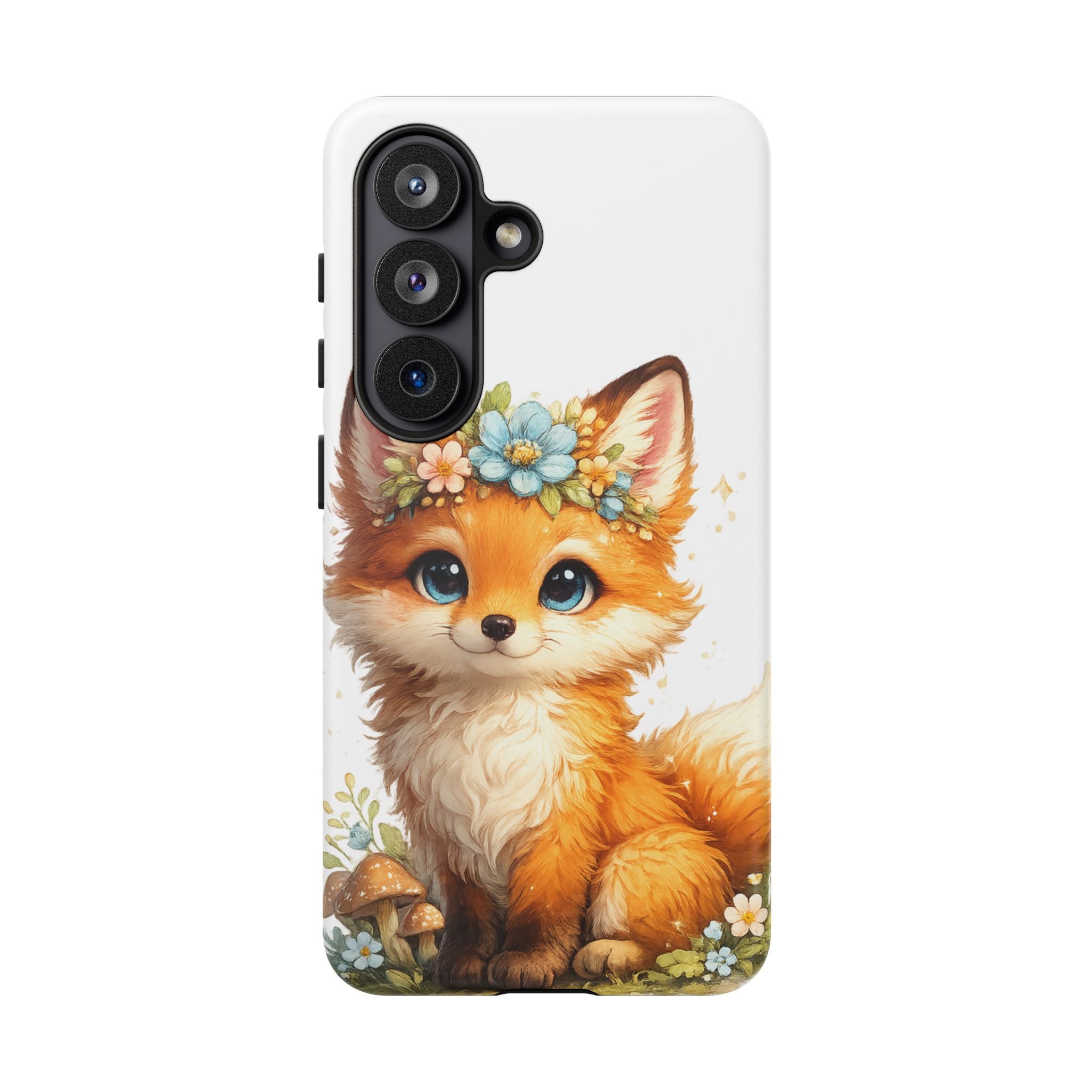 Woodland Fox Cub Phone Case — Protective Tough Case with Floral & Mushroom Art