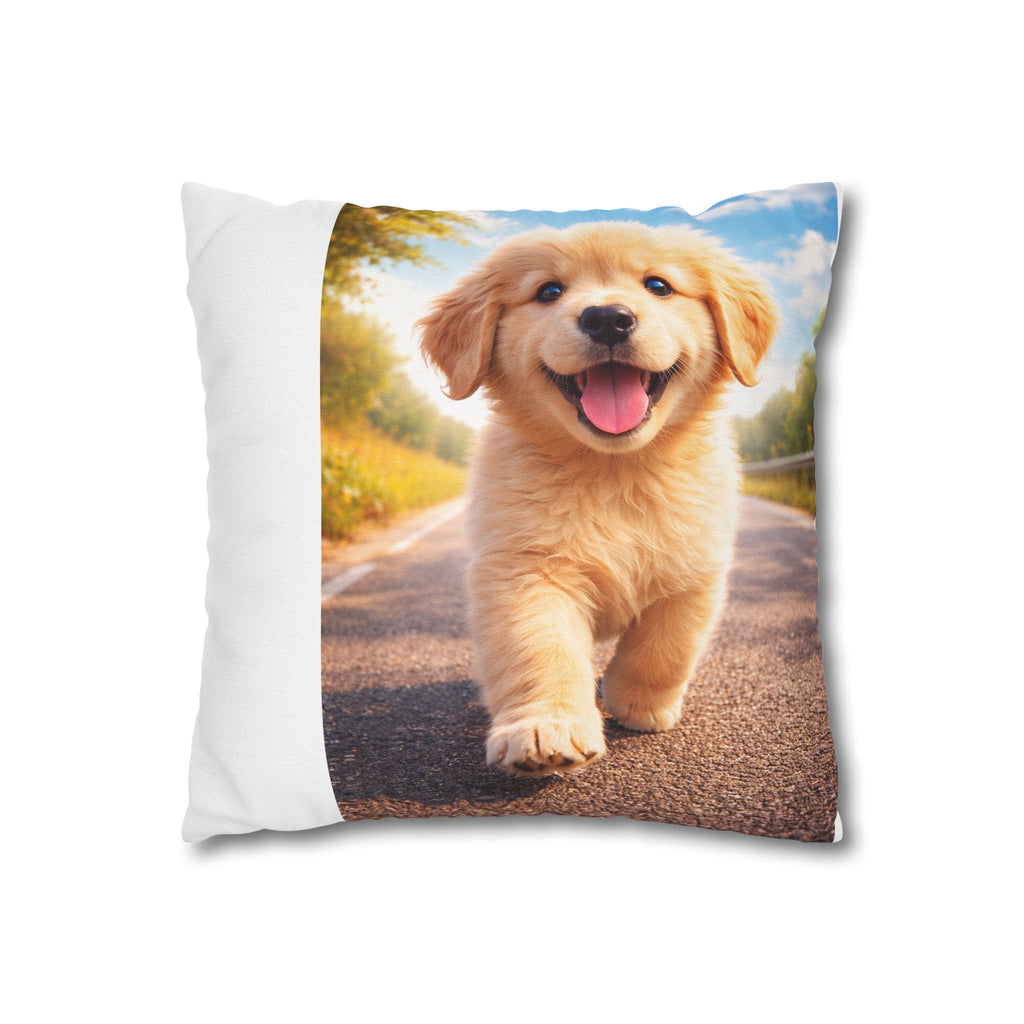 Joyful Golden Puppy Running Square Pillowcase | Spun Polyester
