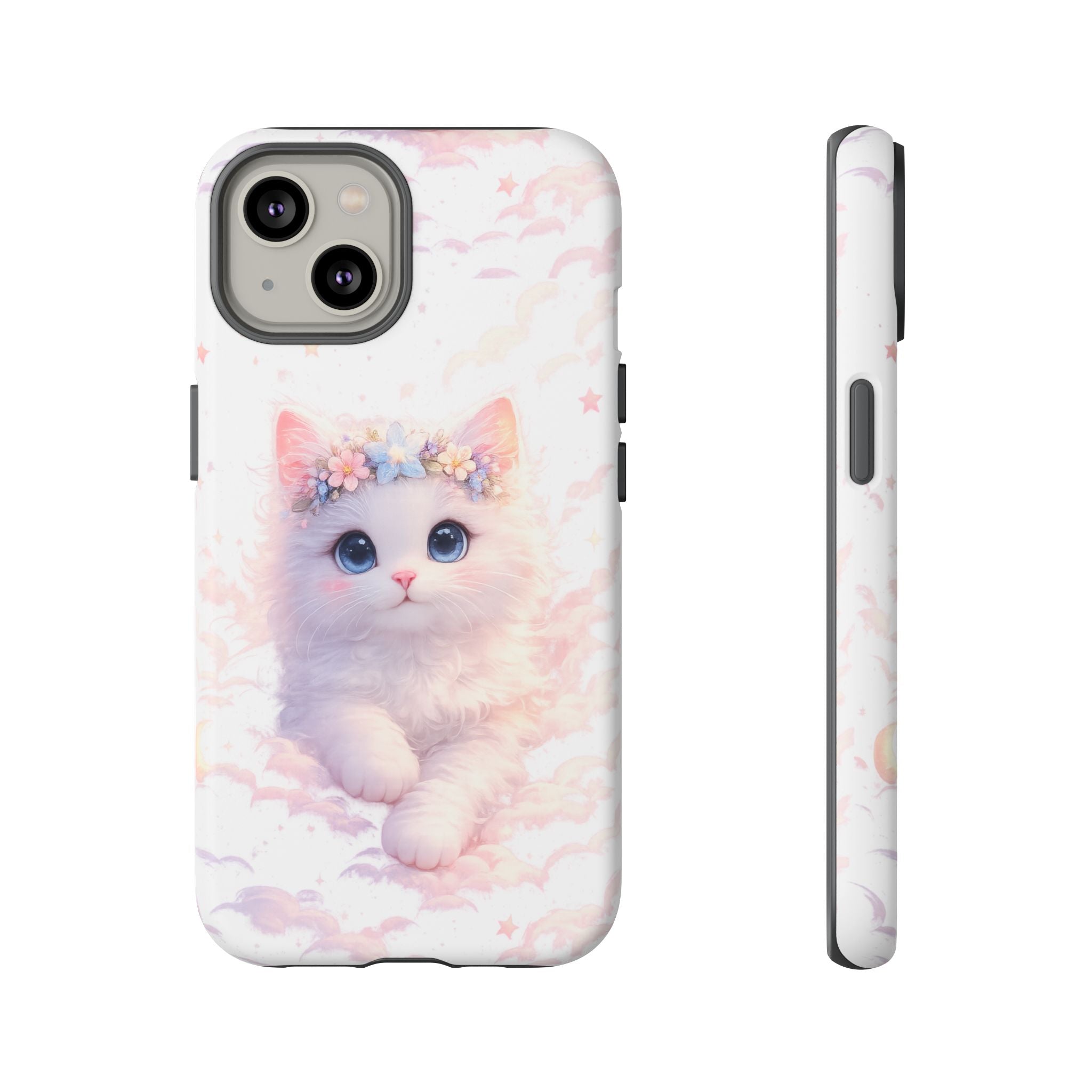 Cute Crowned Kitten Phone Case — Pastel Cloud & Star Protective Case