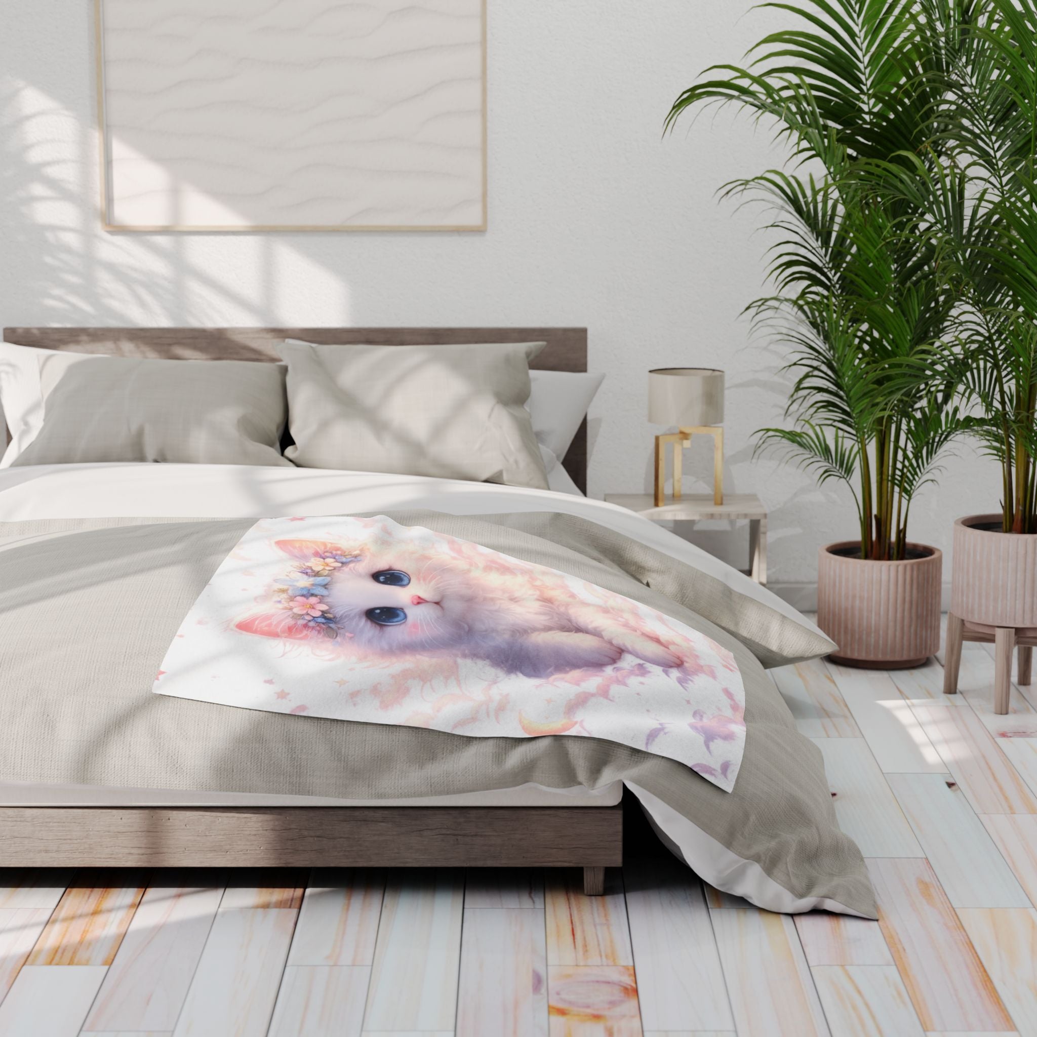 Pastel Kawaii Kitten in Clouds Blanket | Fleece Throw, Cottagecore Cozy