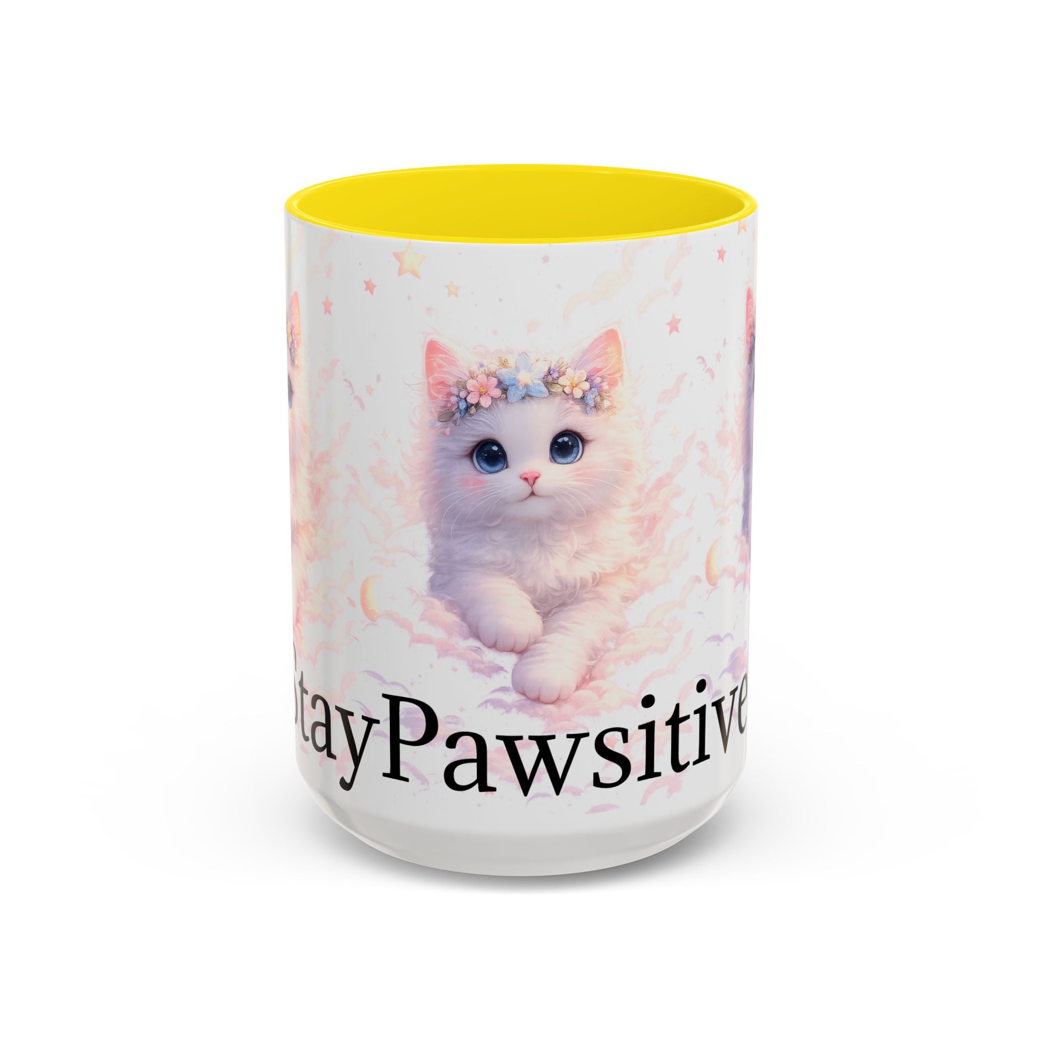 Pawsitive Kitten Accent Coffee Mug | Floral Crown Cat, 11oz 15oz