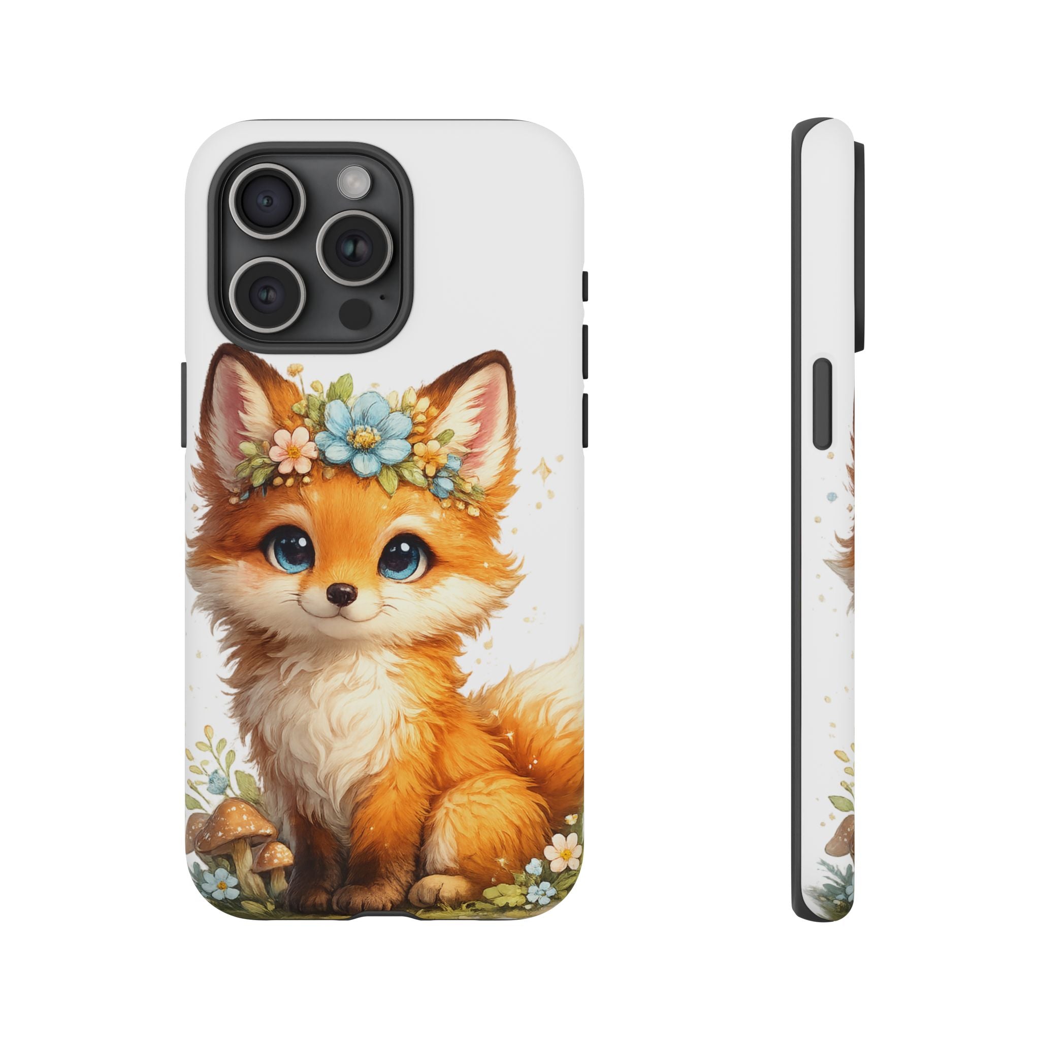 Woodland Fox Cub Phone Case — Protective Tough Case with Floral & Mushroom Art