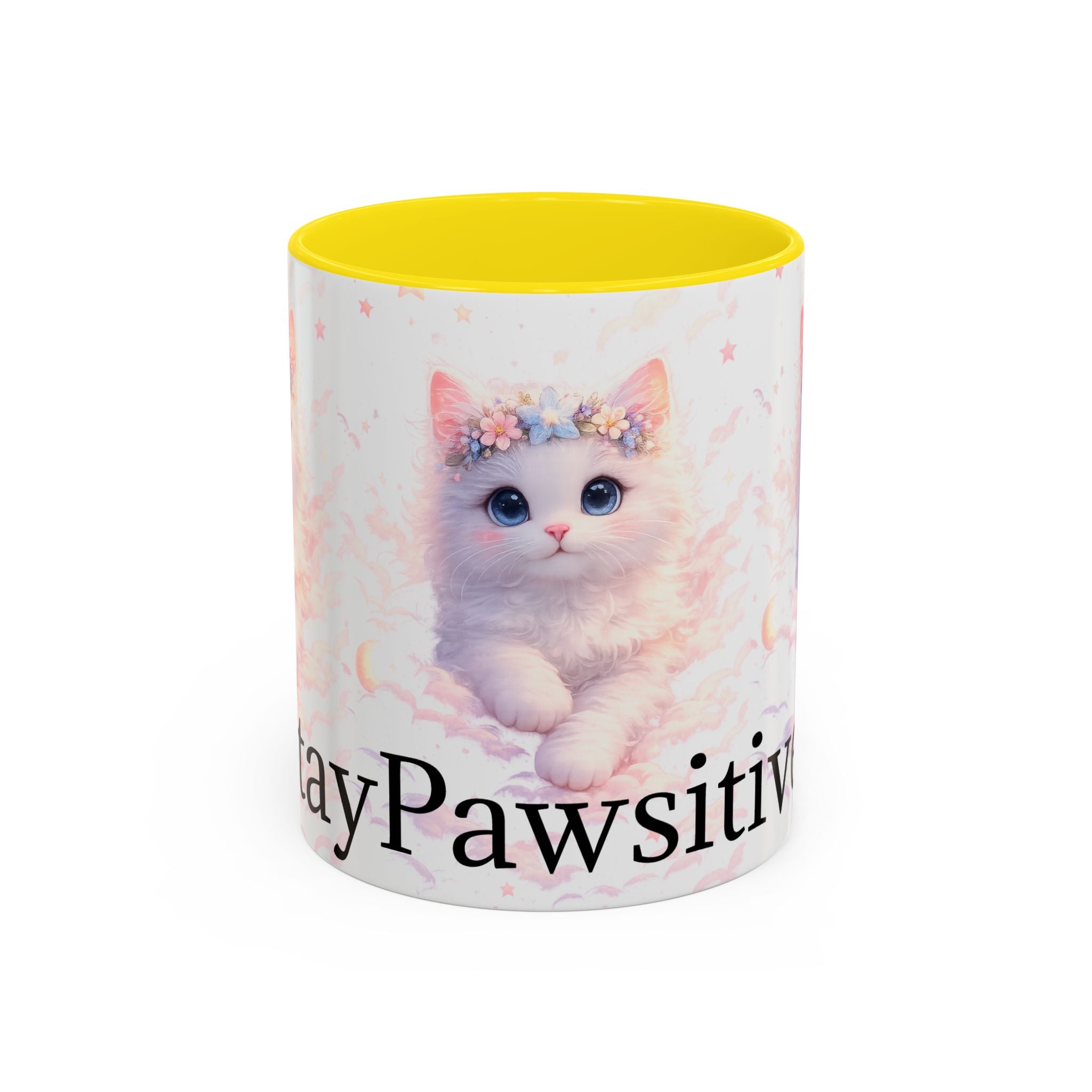 Pawsitive Kitten Accent Coffee Mug | Floral Crown Cat, 11oz 15oz