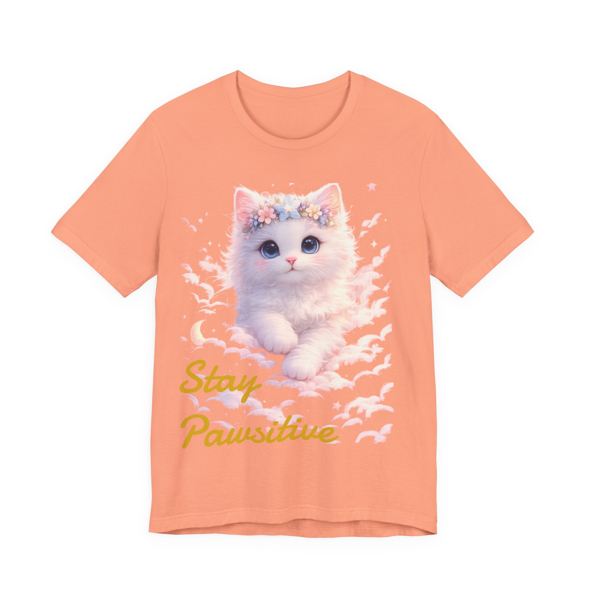 Stay Pawsitive Kitten Tee | Floral Crown Cat, Pastel Cloud Illustration