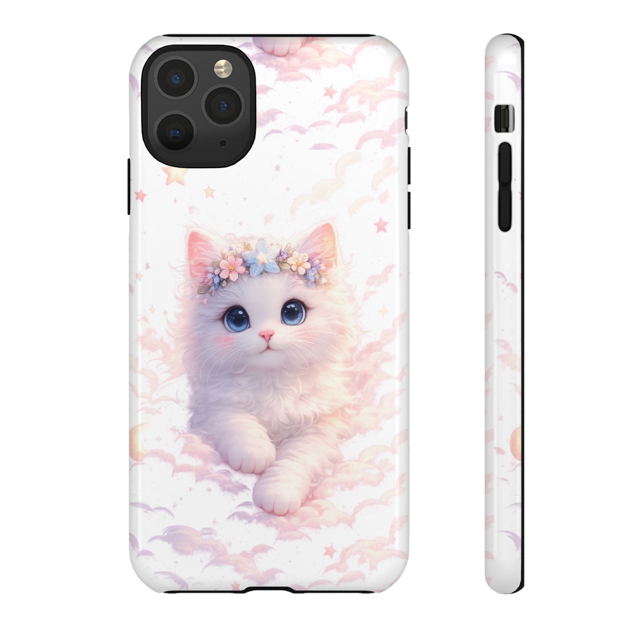Cute Crowned Kitten Phone Case — Pastel Cloud & Star Protective Case