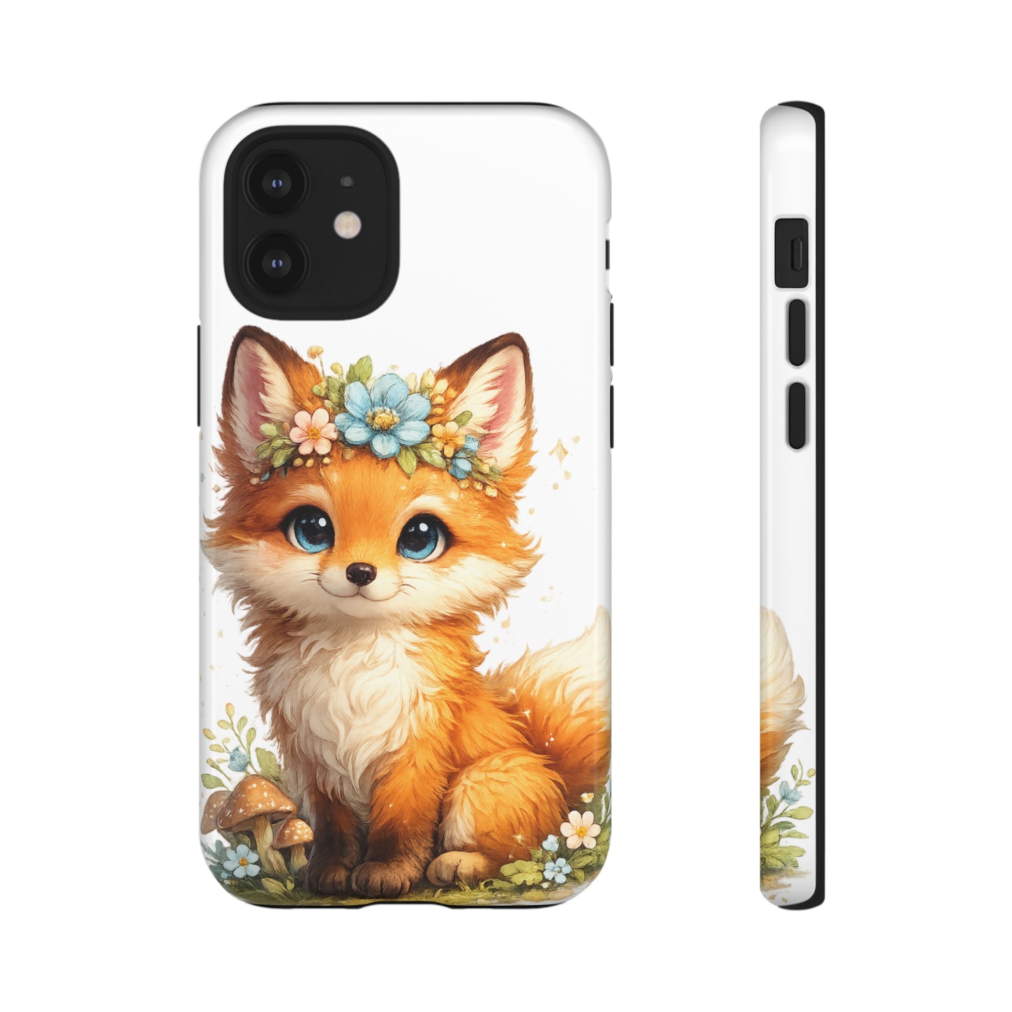 Woodland Fox Cub Phone Case — Protective Tough Case with Floral & Mushroom Art