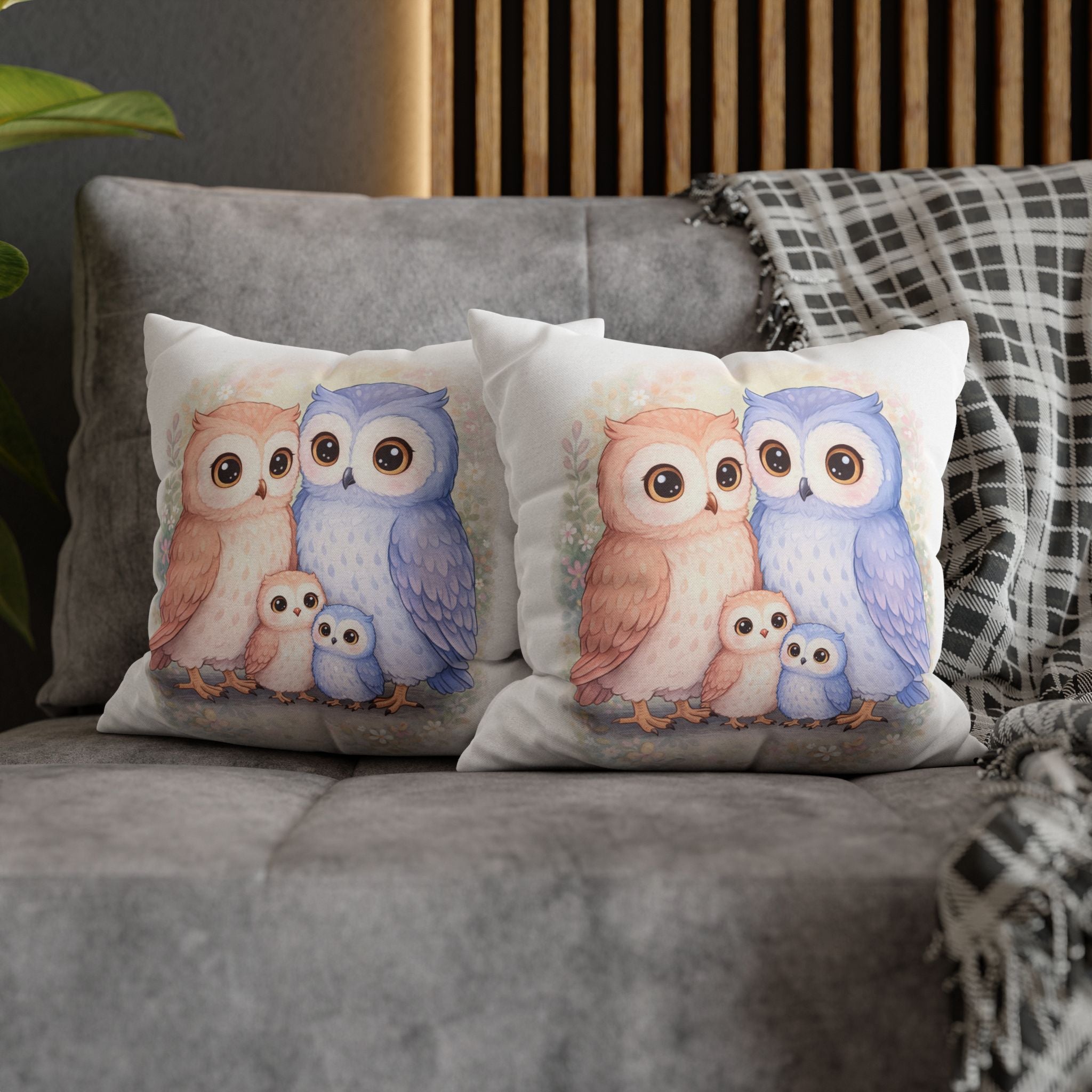 Watercolor Owlet Family Pillowcase Spun Polyester Square Pillowcase | Double-Sided