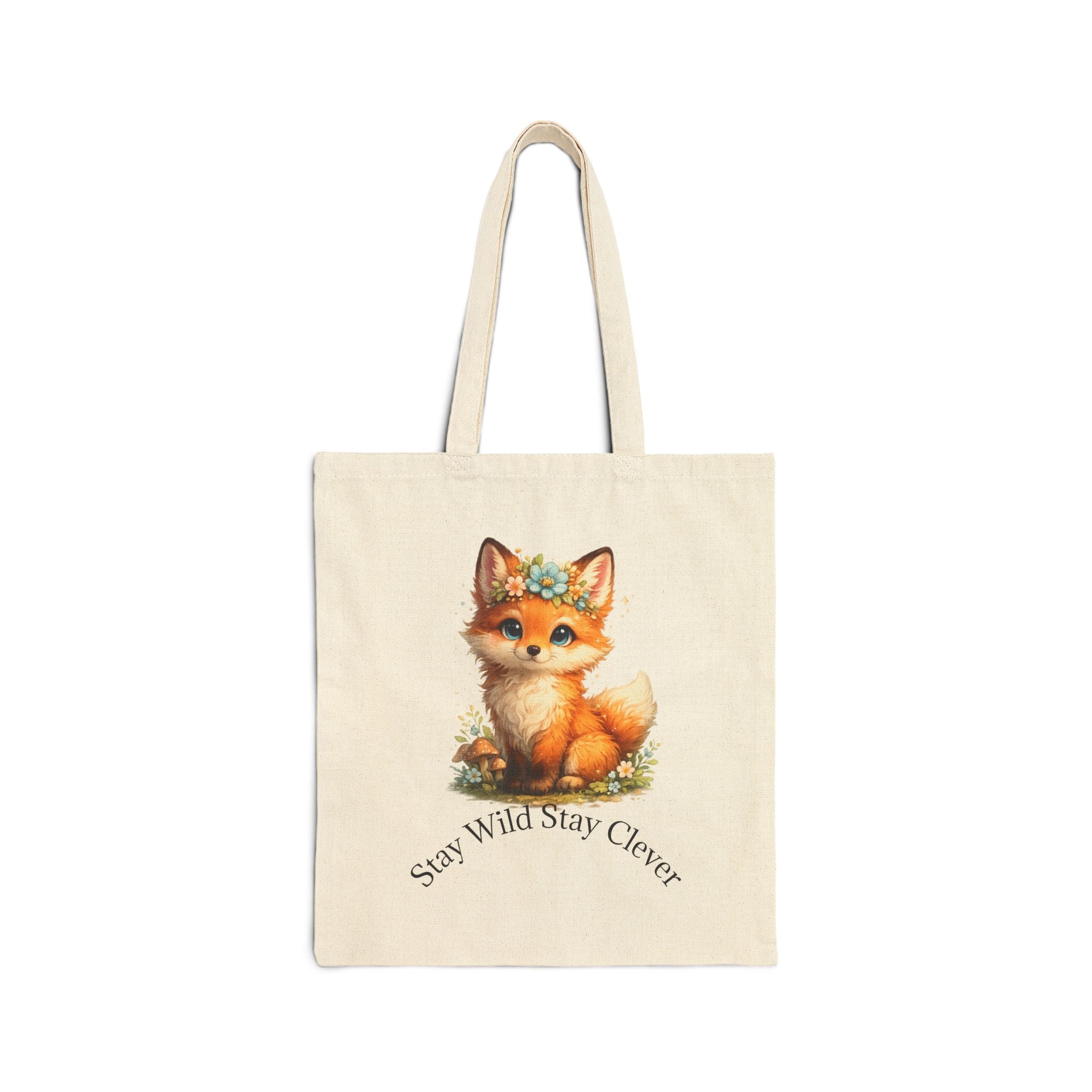 Cute Baby Fox Illustration Tote Bag | Say Wild Stay Clever, Floral Crown