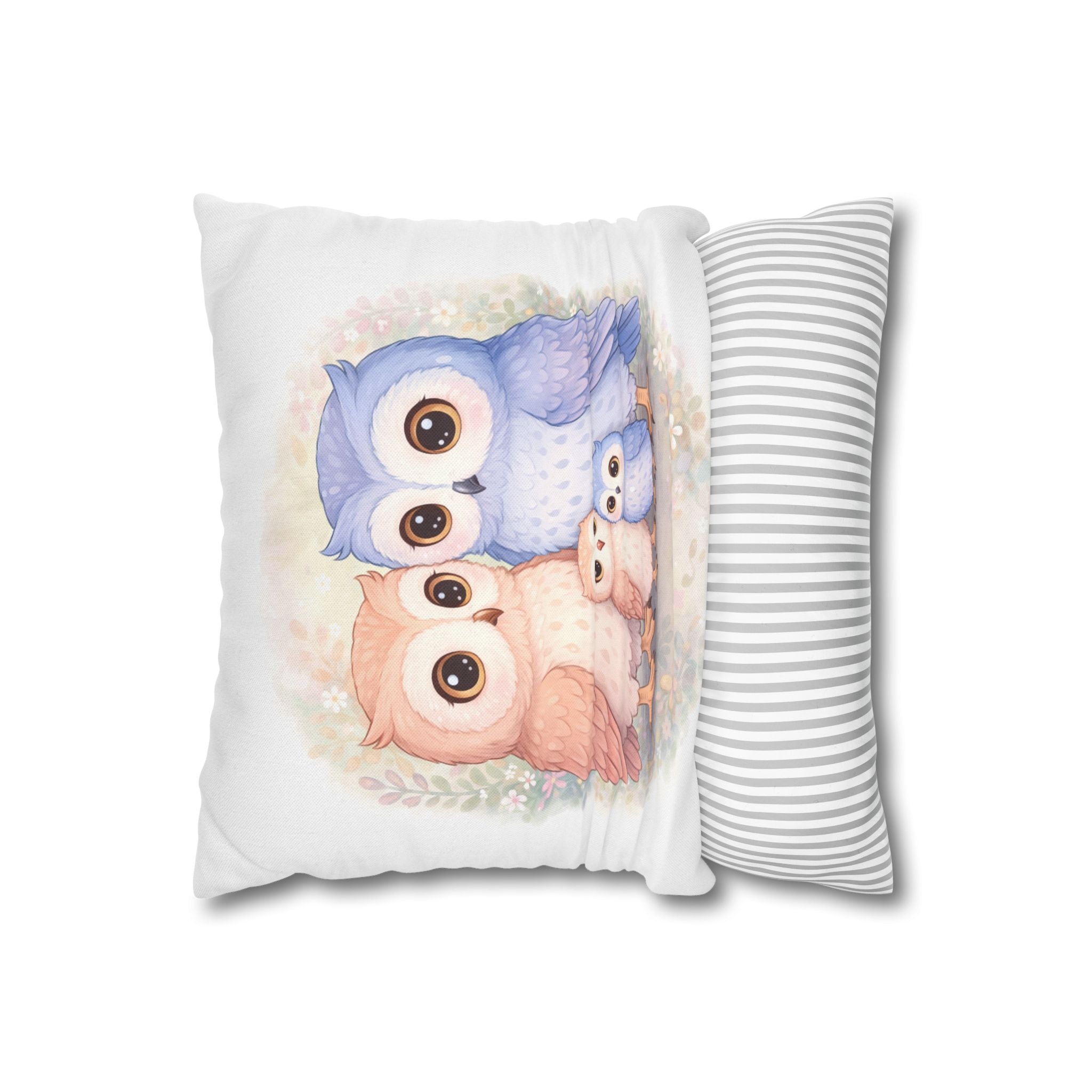 Watercolor Owlet Family Pillowcase Spun Polyester Square Pillowcase | Double-Sided