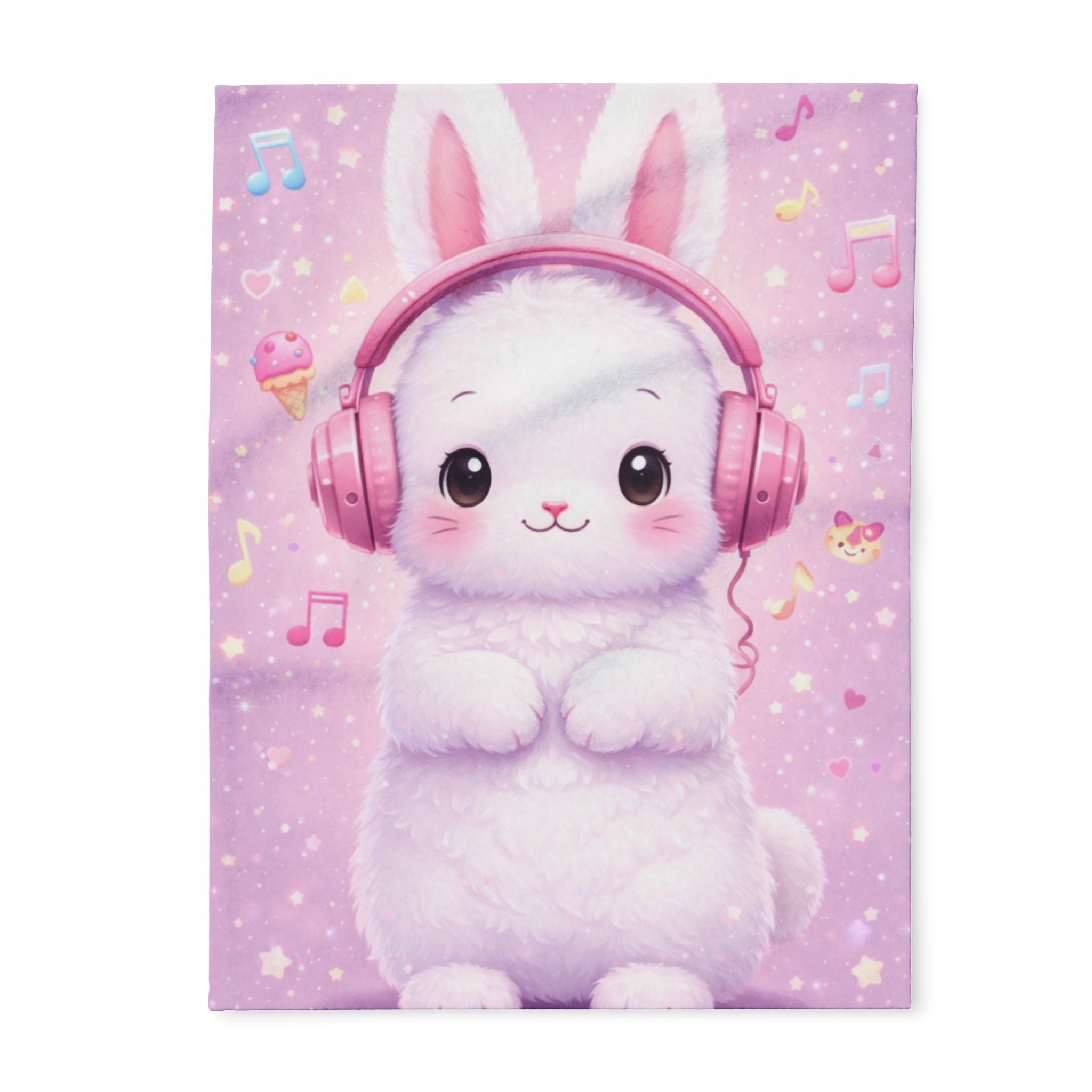 Kawaii Bunny with Pink Headphones Arctic Fleece Blanket | Pastel Sweets Cozy Throw