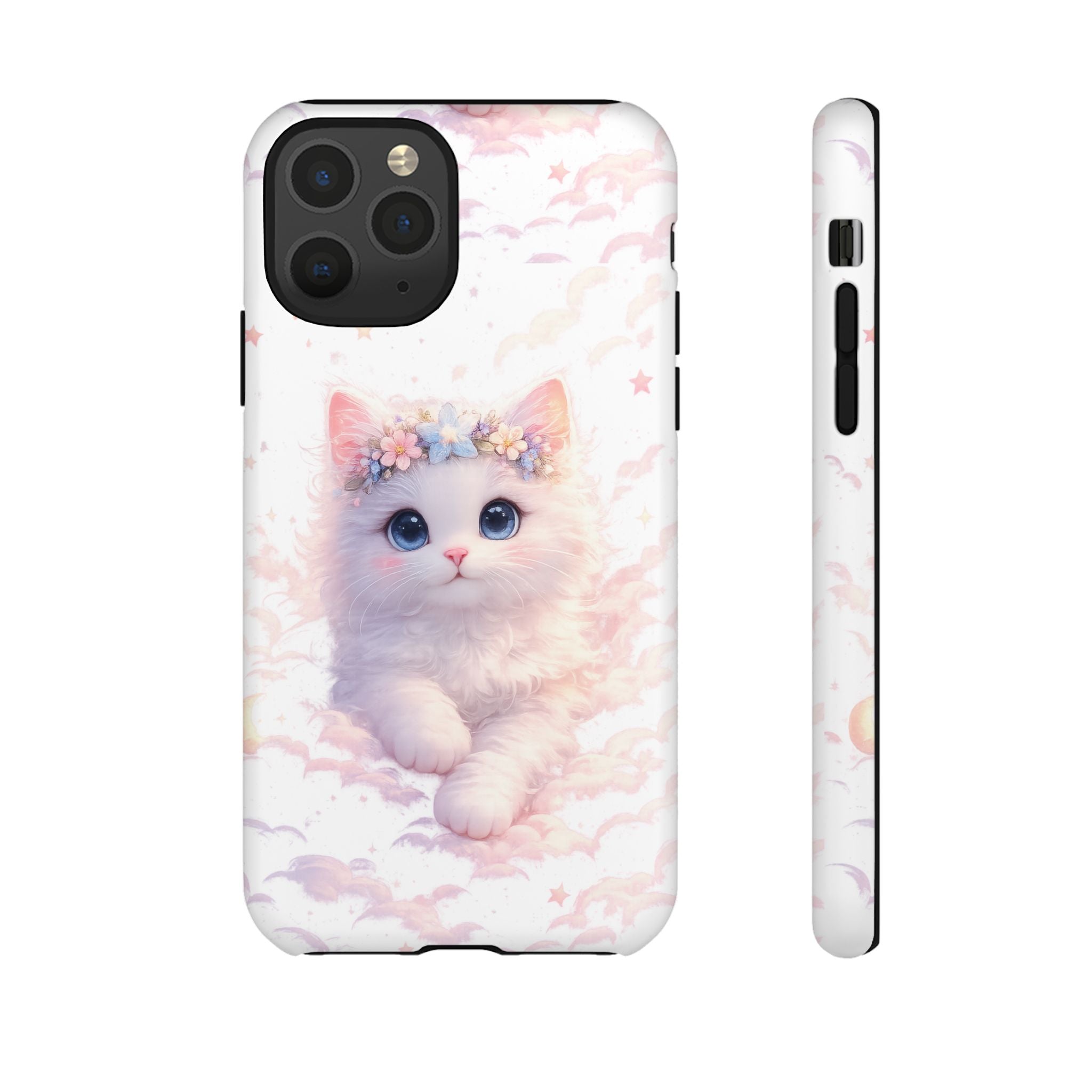 Cute Crowned Kitten Phone Case — Pastel Cloud & Star Protective Case