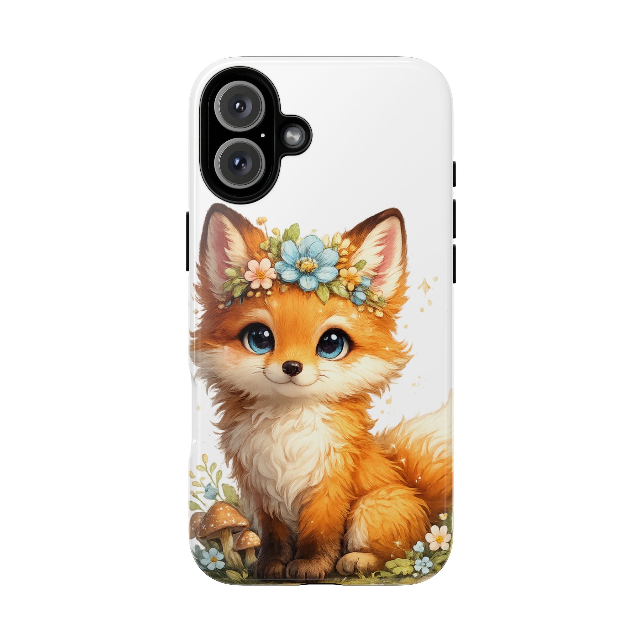 Woodland Fox Cub Phone Case — Protective Tough Case with Floral & Mushroom Art