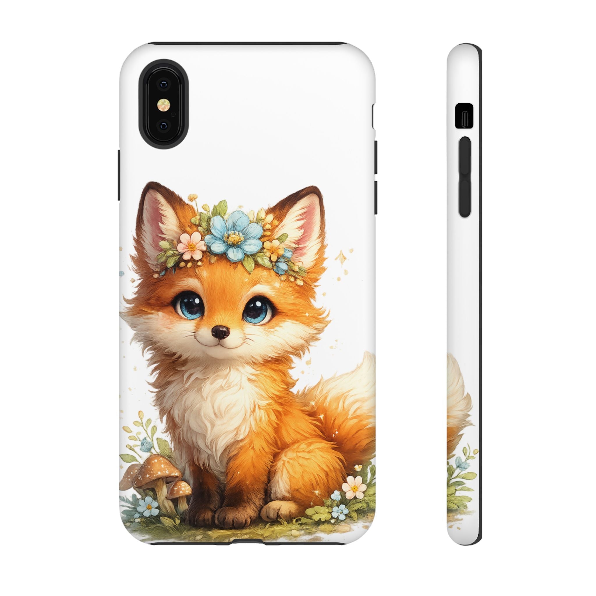 Woodland Fox Cub Phone Case — Protective Tough Case with Floral & Mushroom Art
