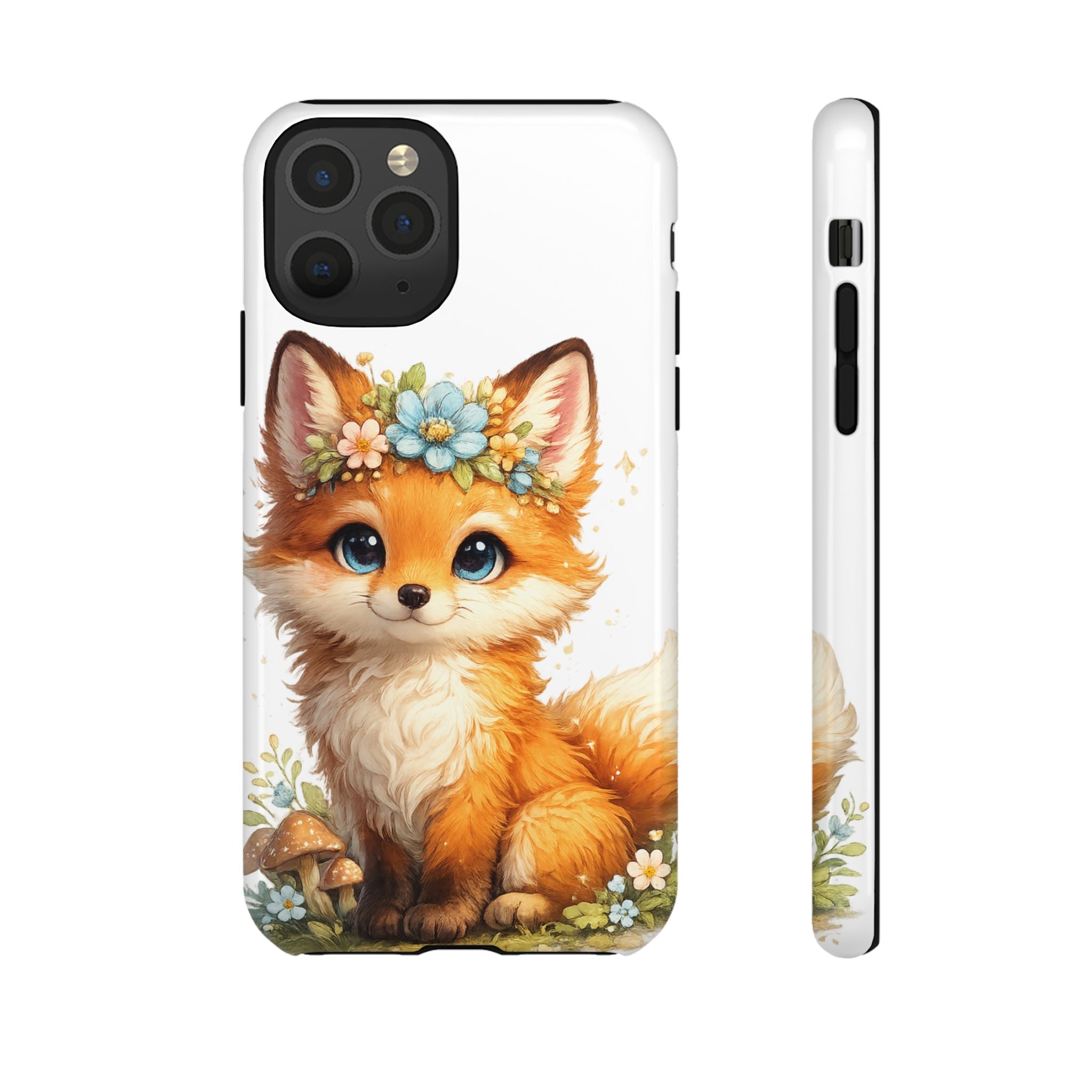 Woodland Fox Cub Phone Case — Protective Tough Case with Floral & Mushroom Art