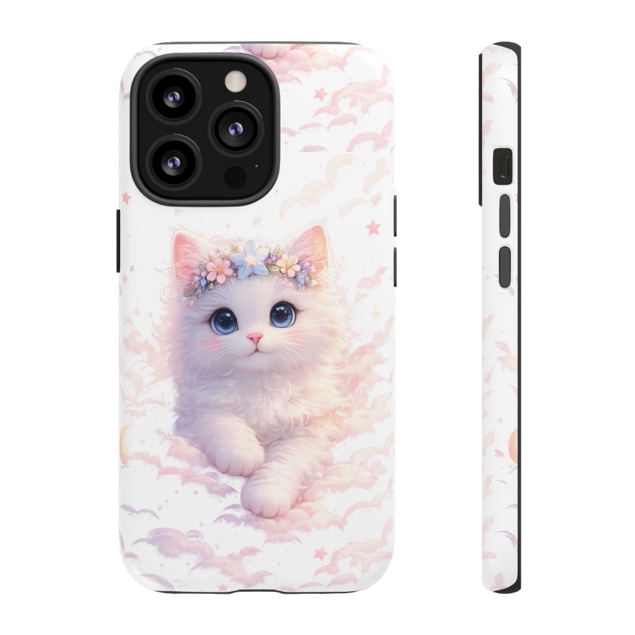 Cute Crowned Kitten Phone Case — Pastel Cloud & Star Protective Case