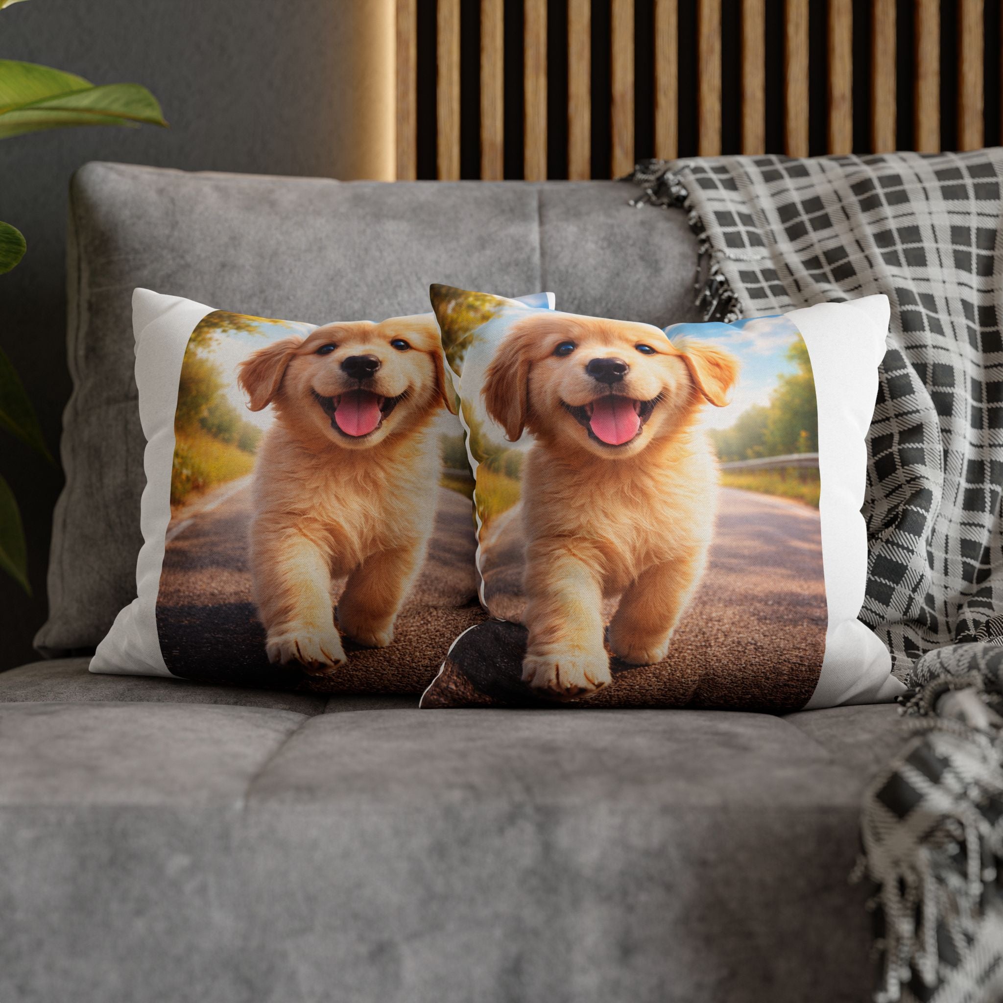 Joyful Golden Puppy Running Square Pillowcase | Spun Polyester