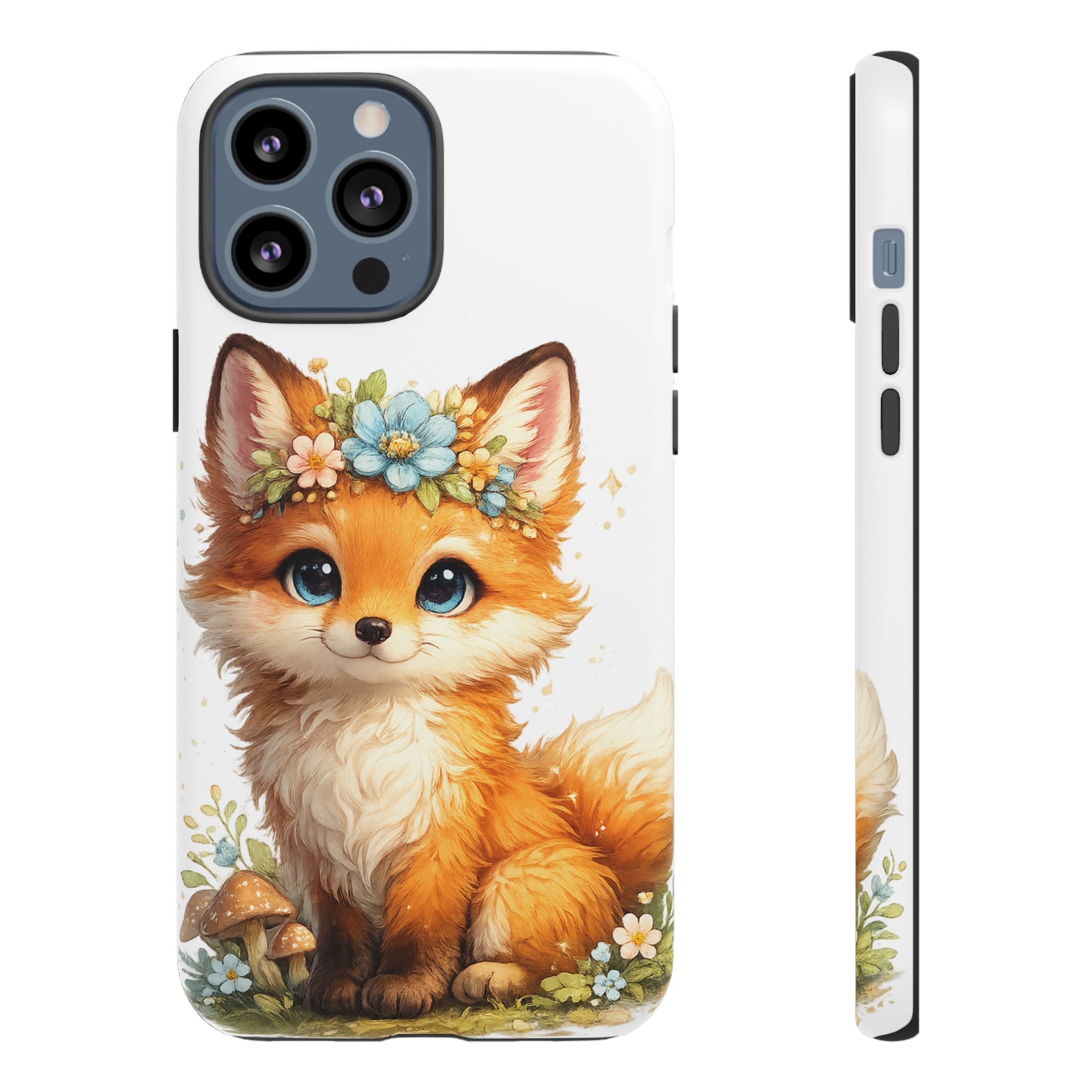 Woodland Fox Cub Phone Case — Protective Tough Case with Floral & Mushroom Art