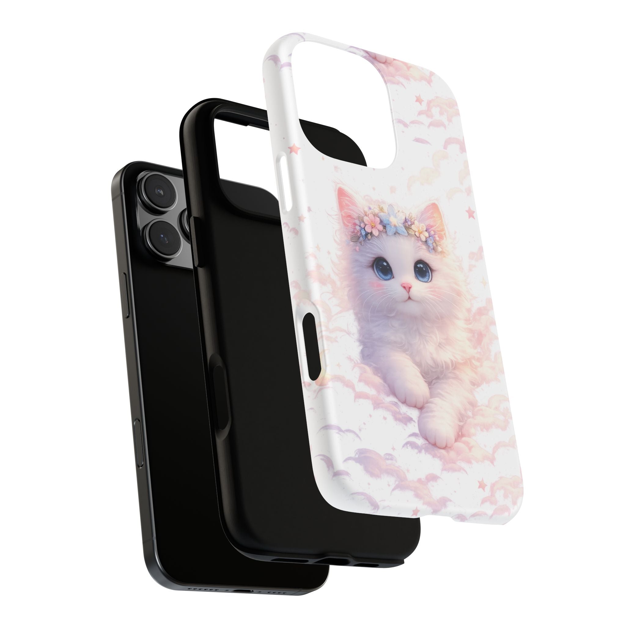 Cute Crowned Kitten Phone Case — Pastel Cloud & Star Protective Case