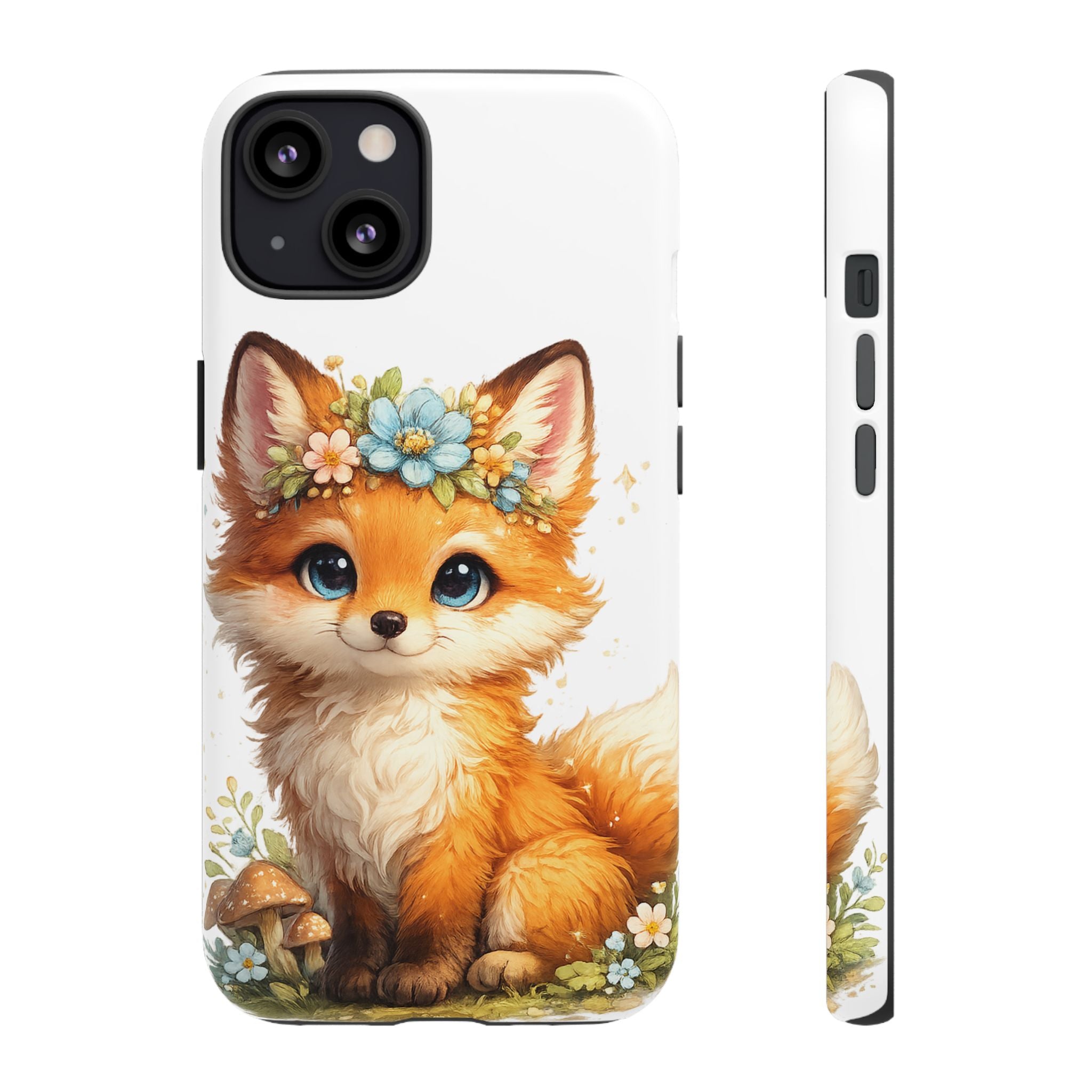 Woodland Fox Cub Phone Case — Protective Tough Case with Floral & Mushroom Art