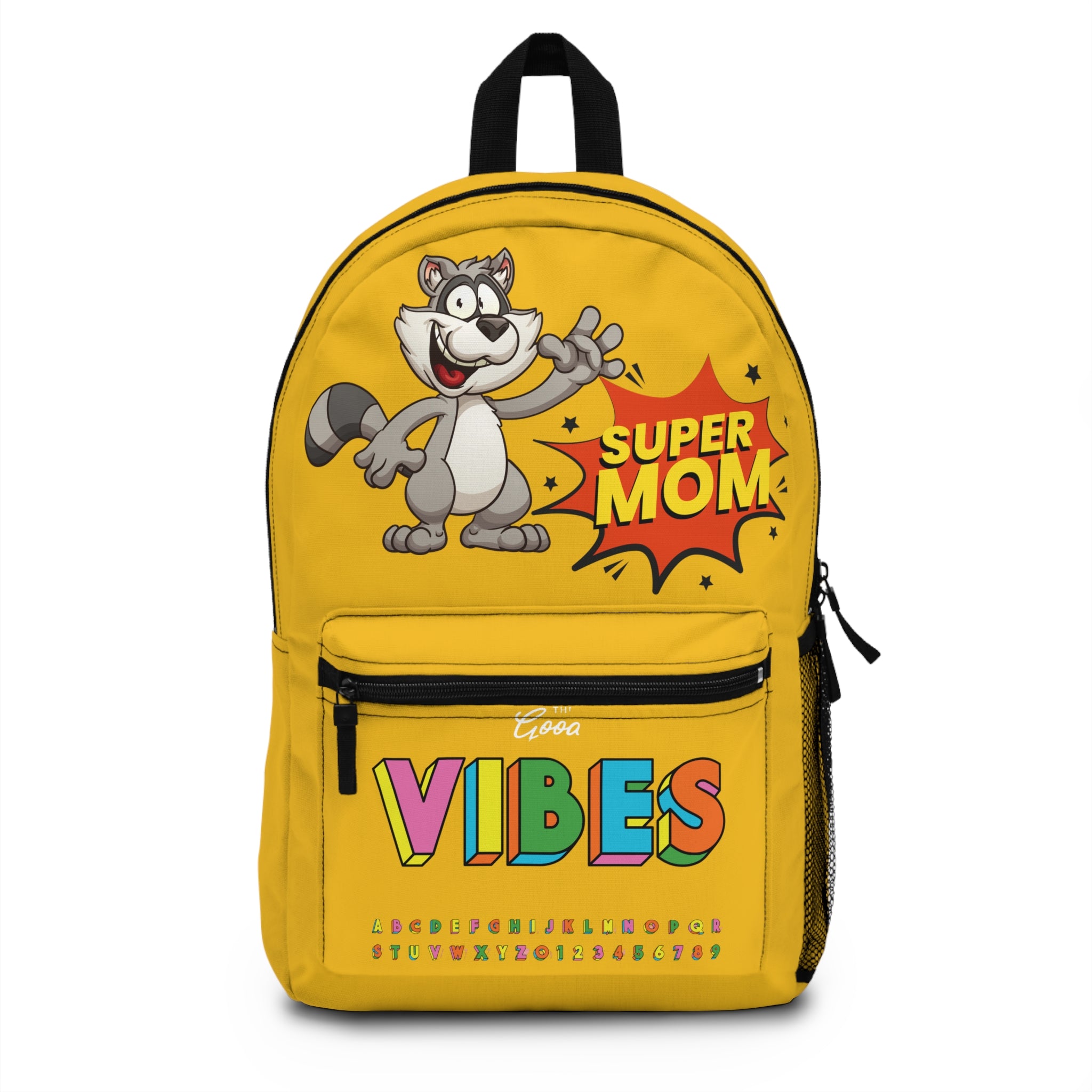 Waving Raccoon VIBES Backpack | Yellow Cartoon School Bag