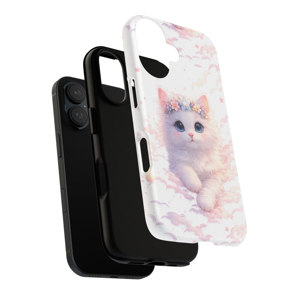 Cute Crowned Kitten Phone Case — Pastel Cloud & Star Protective Case
