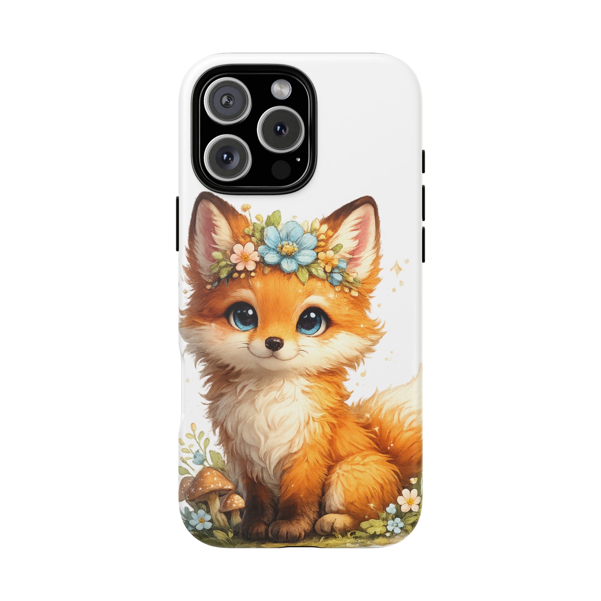 Woodland Fox Cub Phone Case — Protective Tough Case with Floral & Mushroom Art