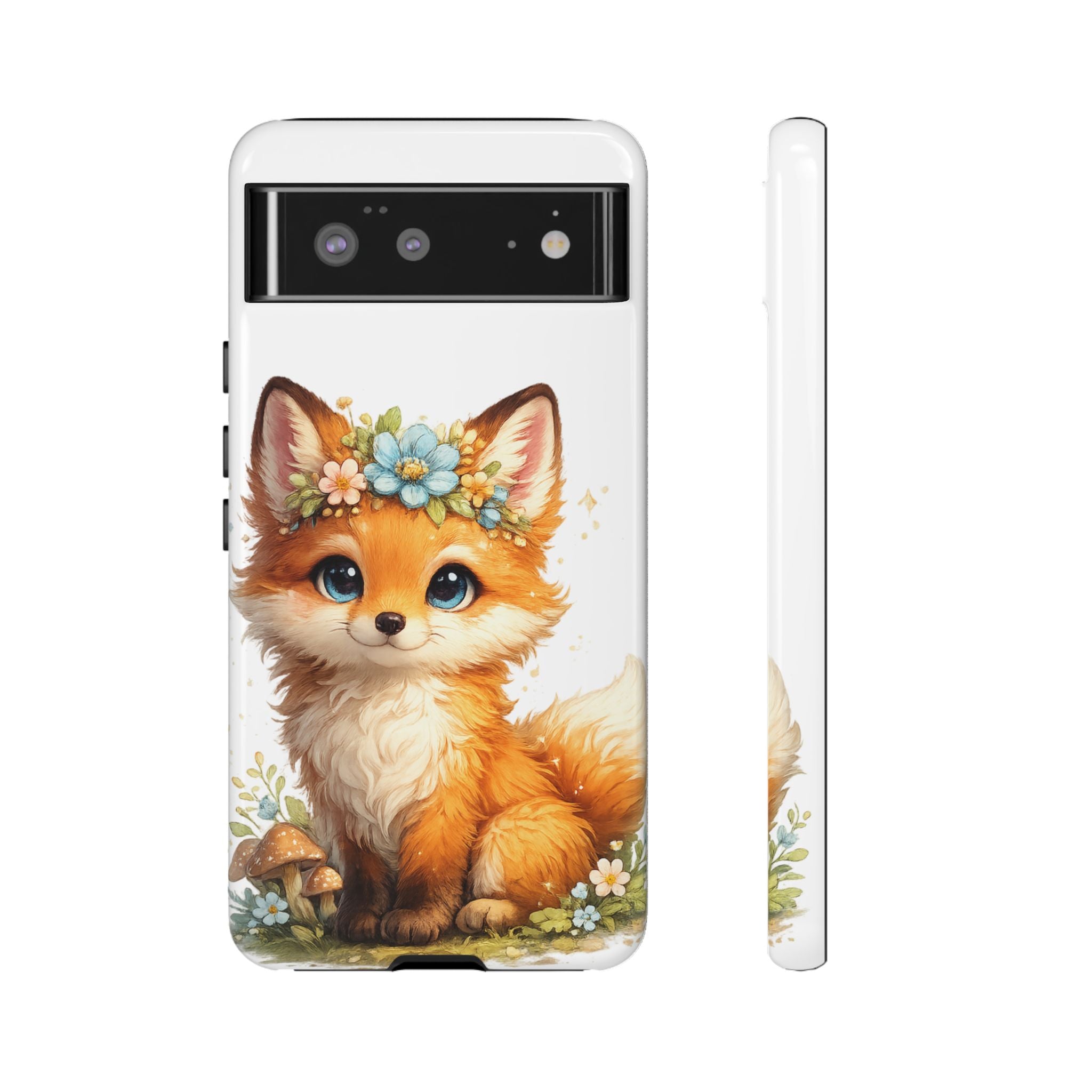 Woodland Fox Cub Phone Case — Protective Tough Case with Floral & Mushroom Art