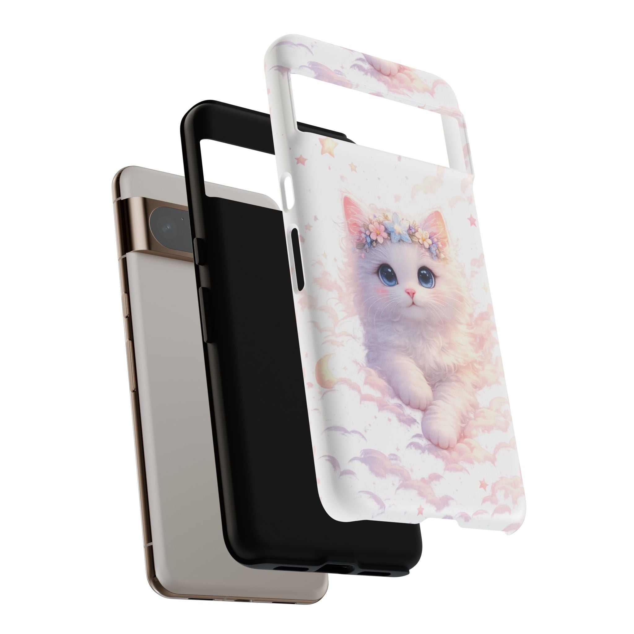 Cute Crowned Kitten Phone Case — Pastel Cloud & Star Protective Case