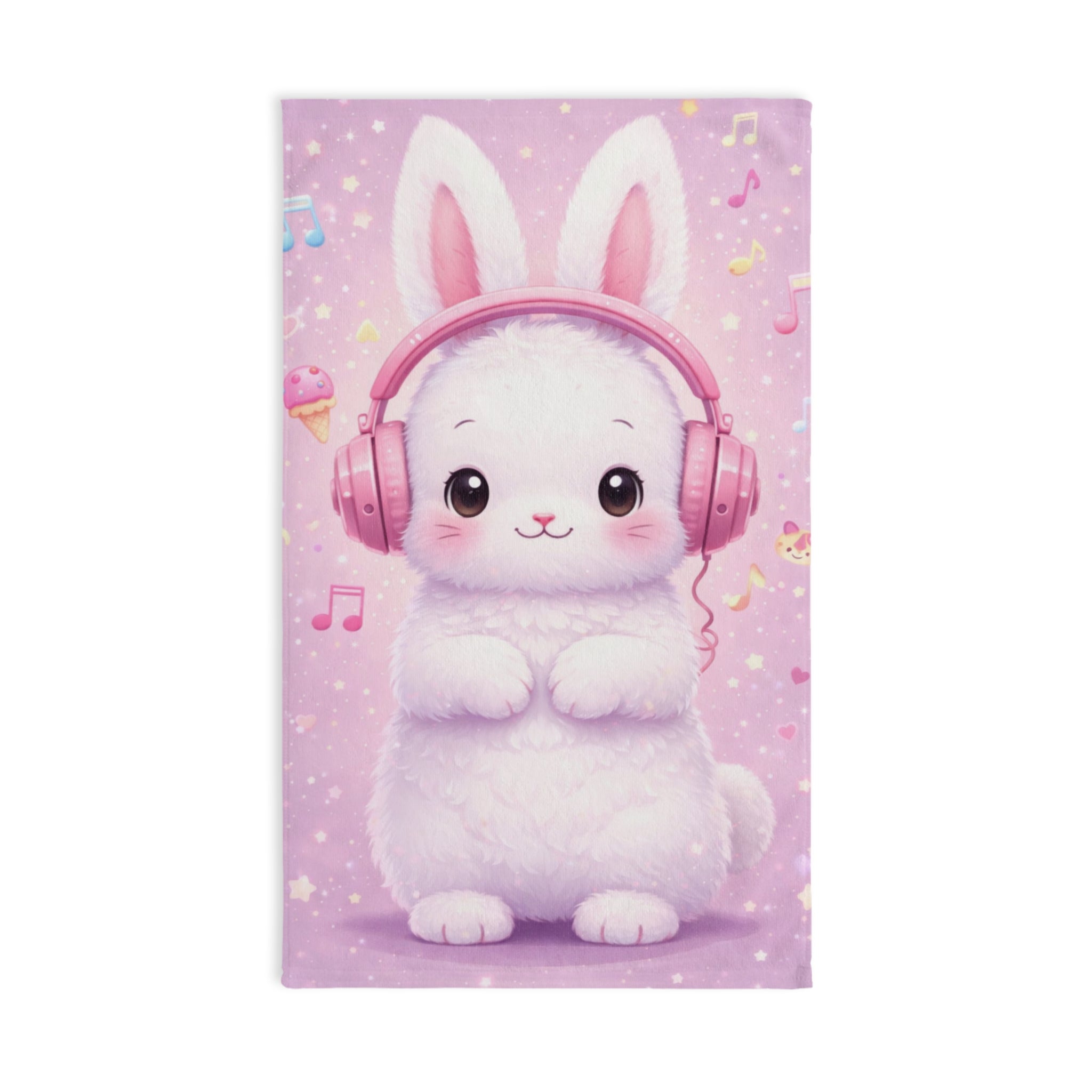 Cute Bunny with Pink Headphones Hand Towel | Musical Notes, Pastel Treats