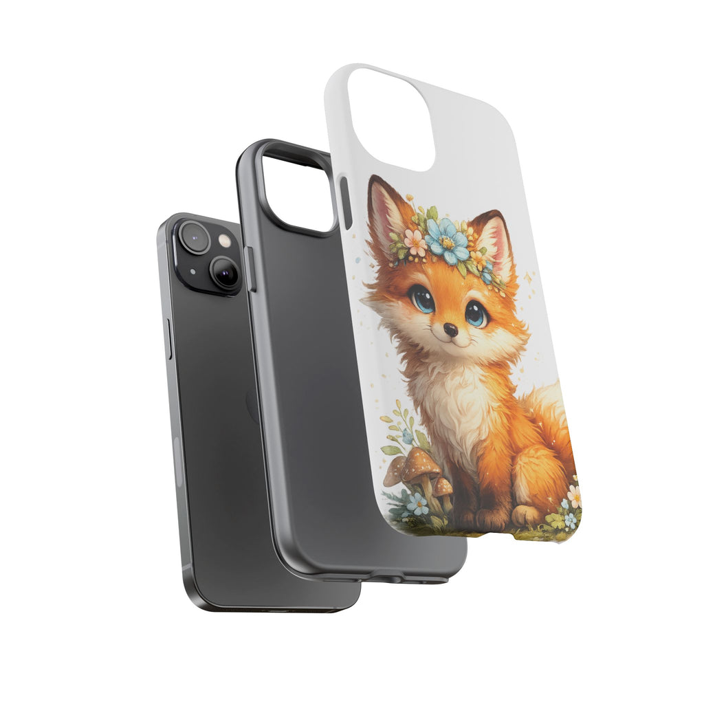Woodland Fox Cub Phone Case — Protective Tough Case with Floral & Mushroom Art