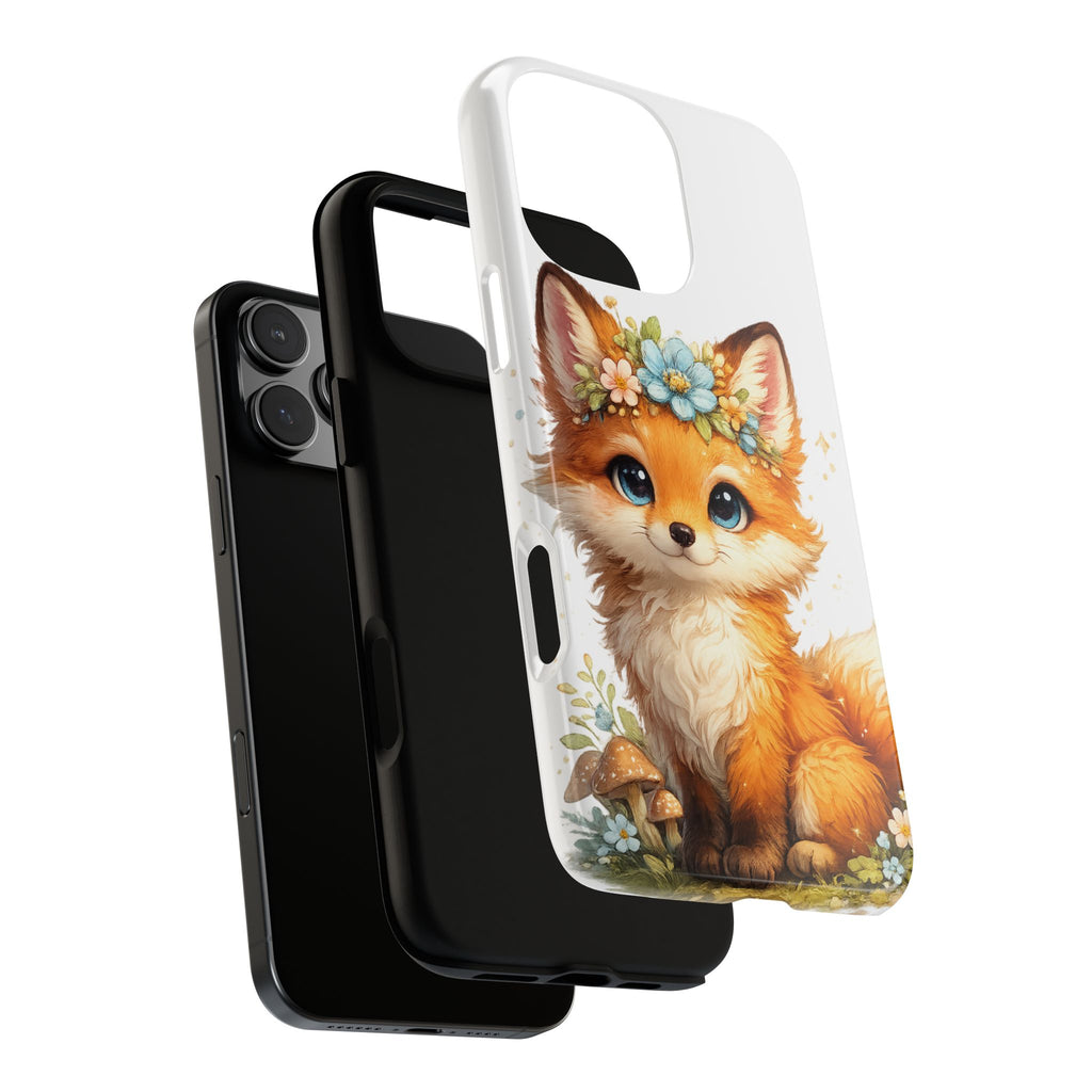 Woodland Fox Cub Phone Case — Protective Tough Case with Floral & Mushroom Art