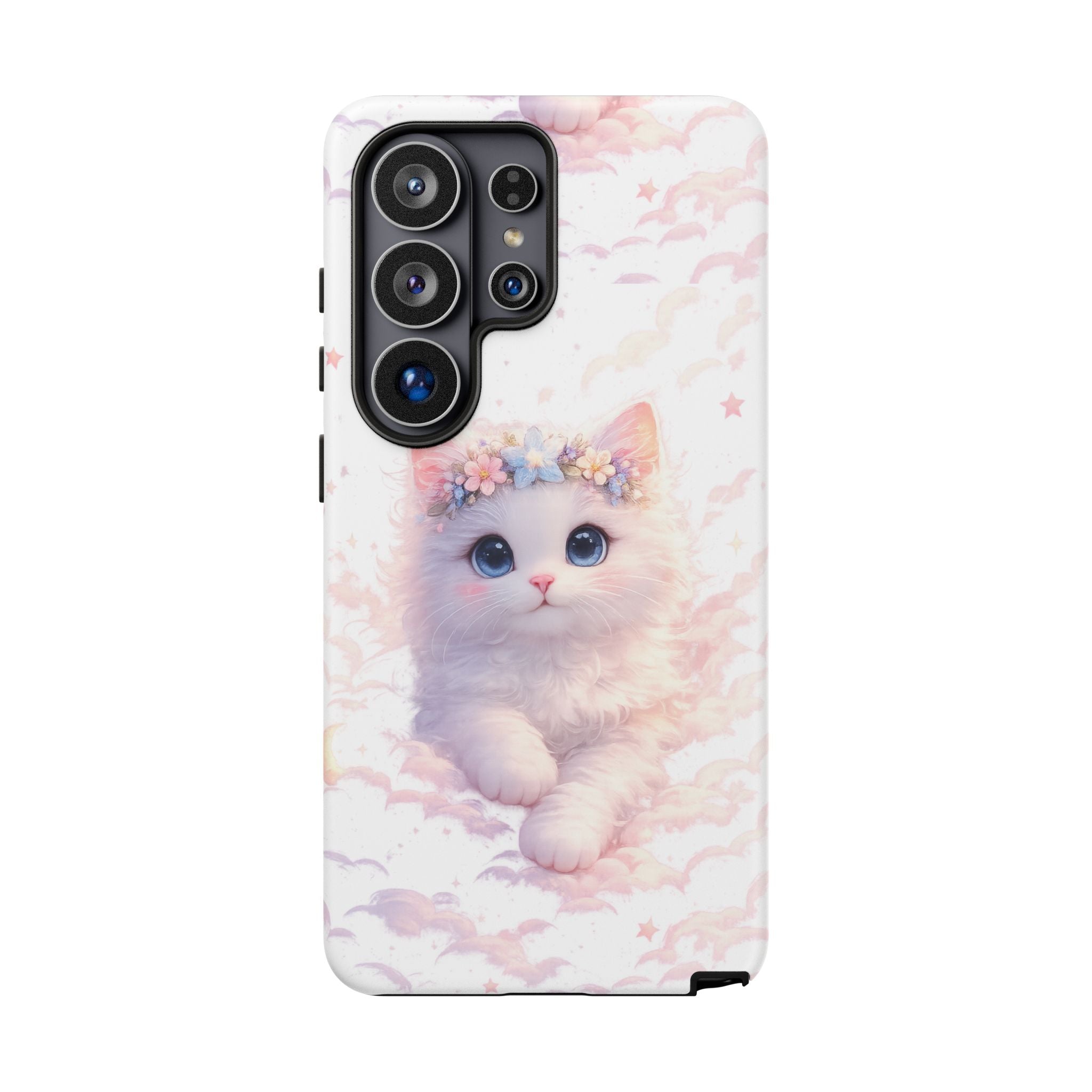 Cute Crowned Kitten Phone Case — Pastel Cloud & Star Protective Case