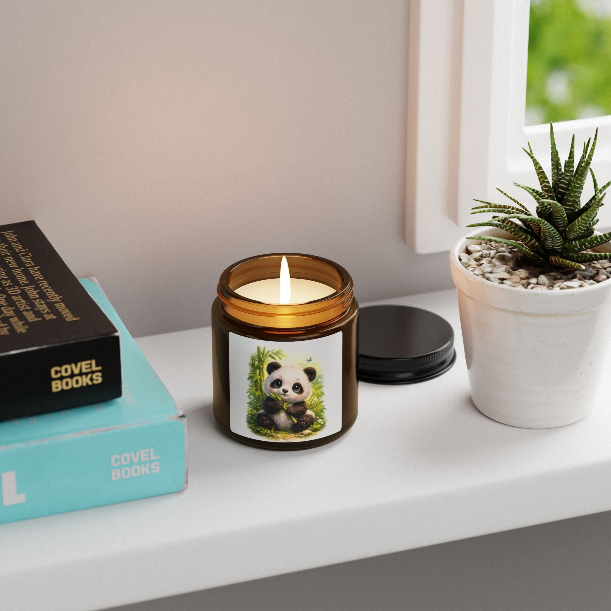 Baby Panda Illustration Candle | Soy Scented Jar, Amber
