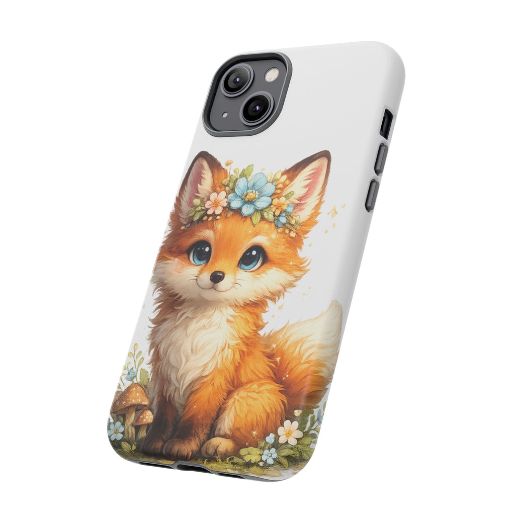 Woodland Fox Cub Phone Case — Protective Tough Case with Floral & Mushroom Art
