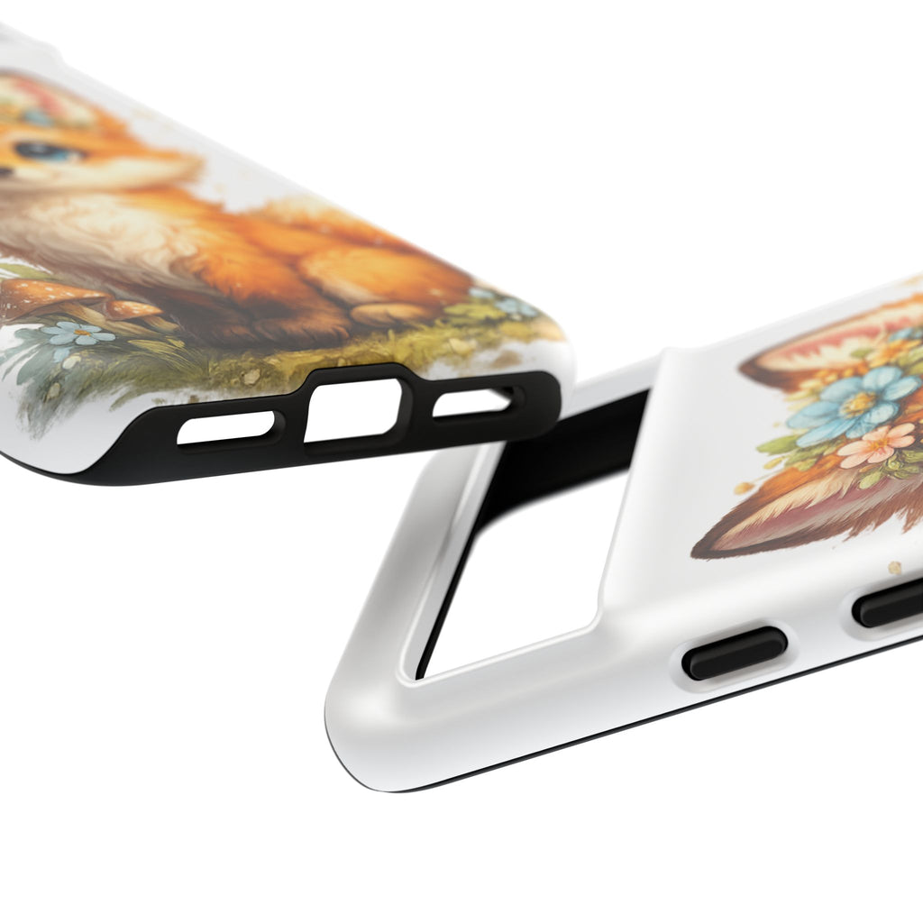Woodland Fox Cub Phone Case — Protective Tough Case with Floral & Mushroom Art