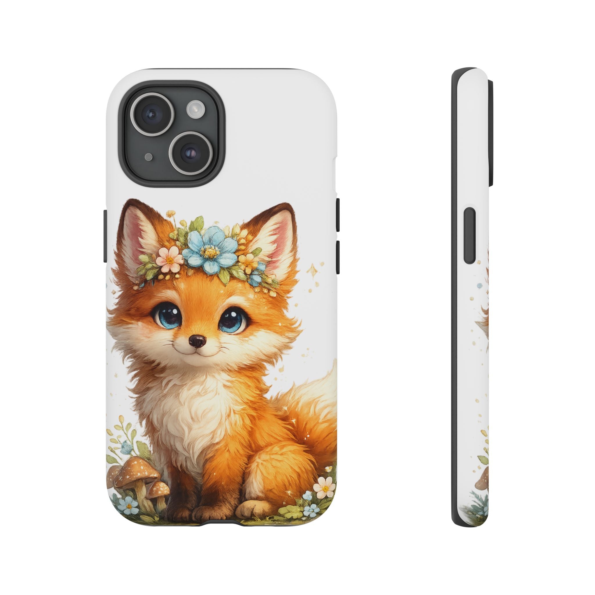 Woodland Fox Cub Phone Case — Protective Tough Case with Floral & Mushroom Art