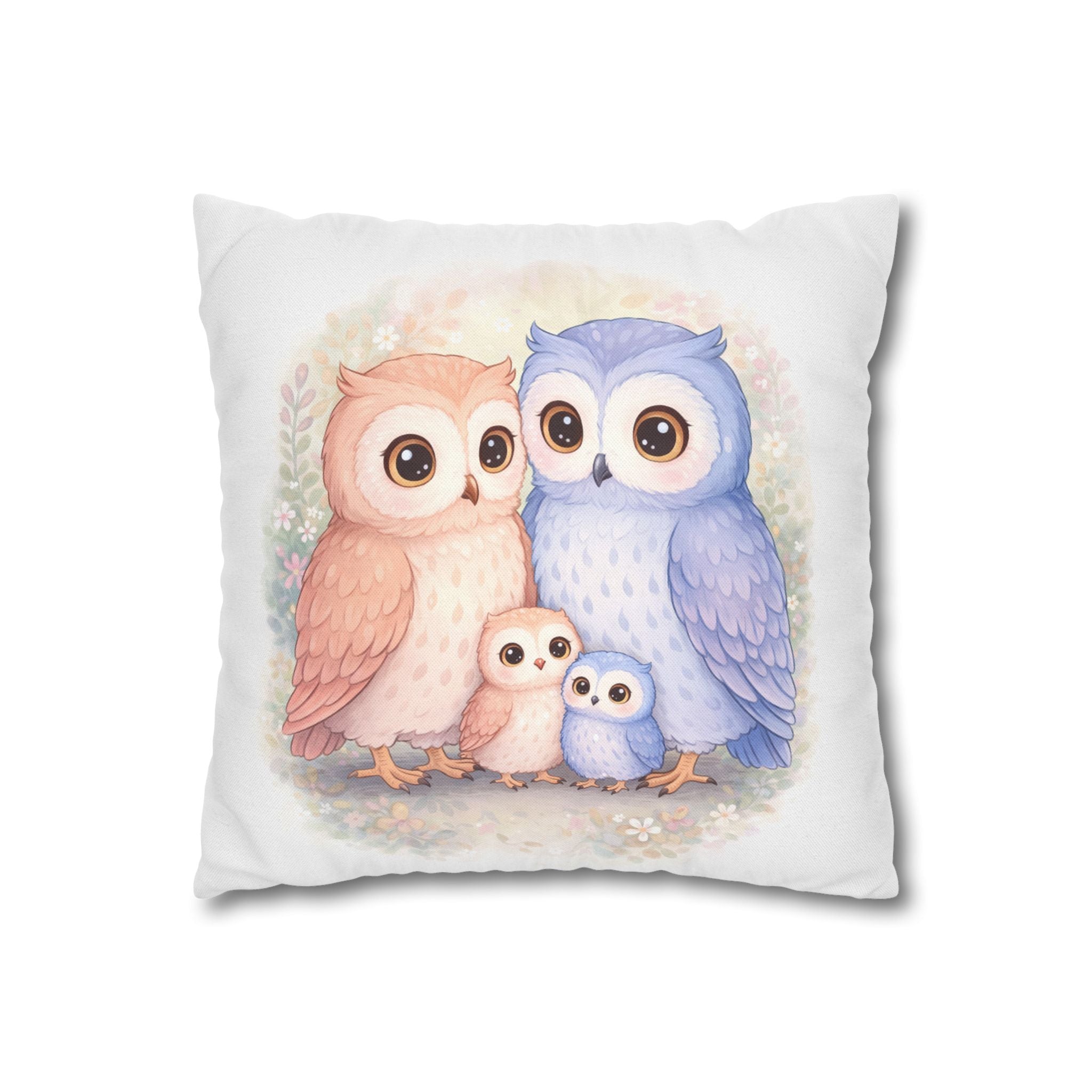 Watercolor Owlet Family Pillowcase Spun Polyester Square Pillowcase | Double-Sided