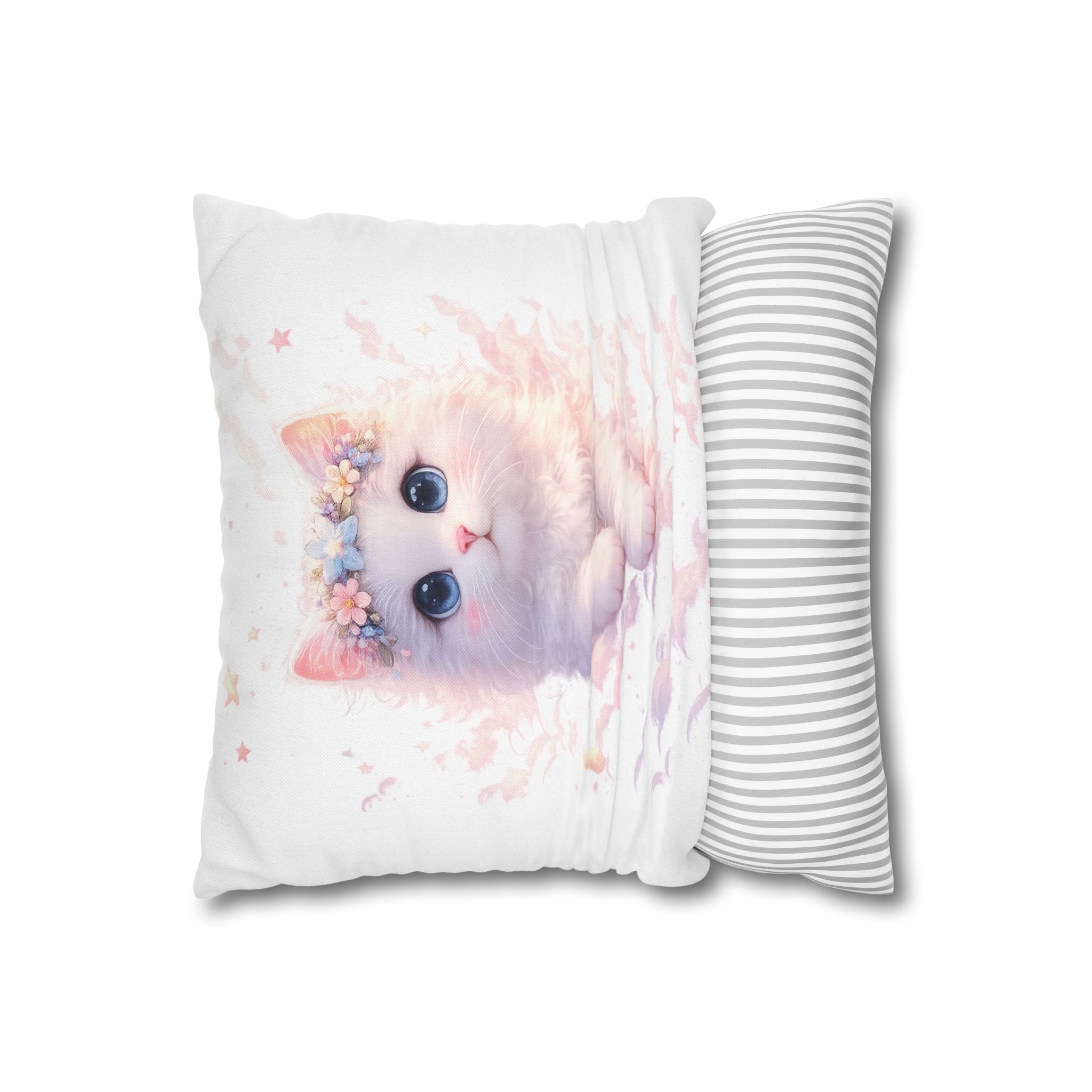 Fluffy Kitten with Flower Crown Square Pillowcase | Pastel Nursery Decor