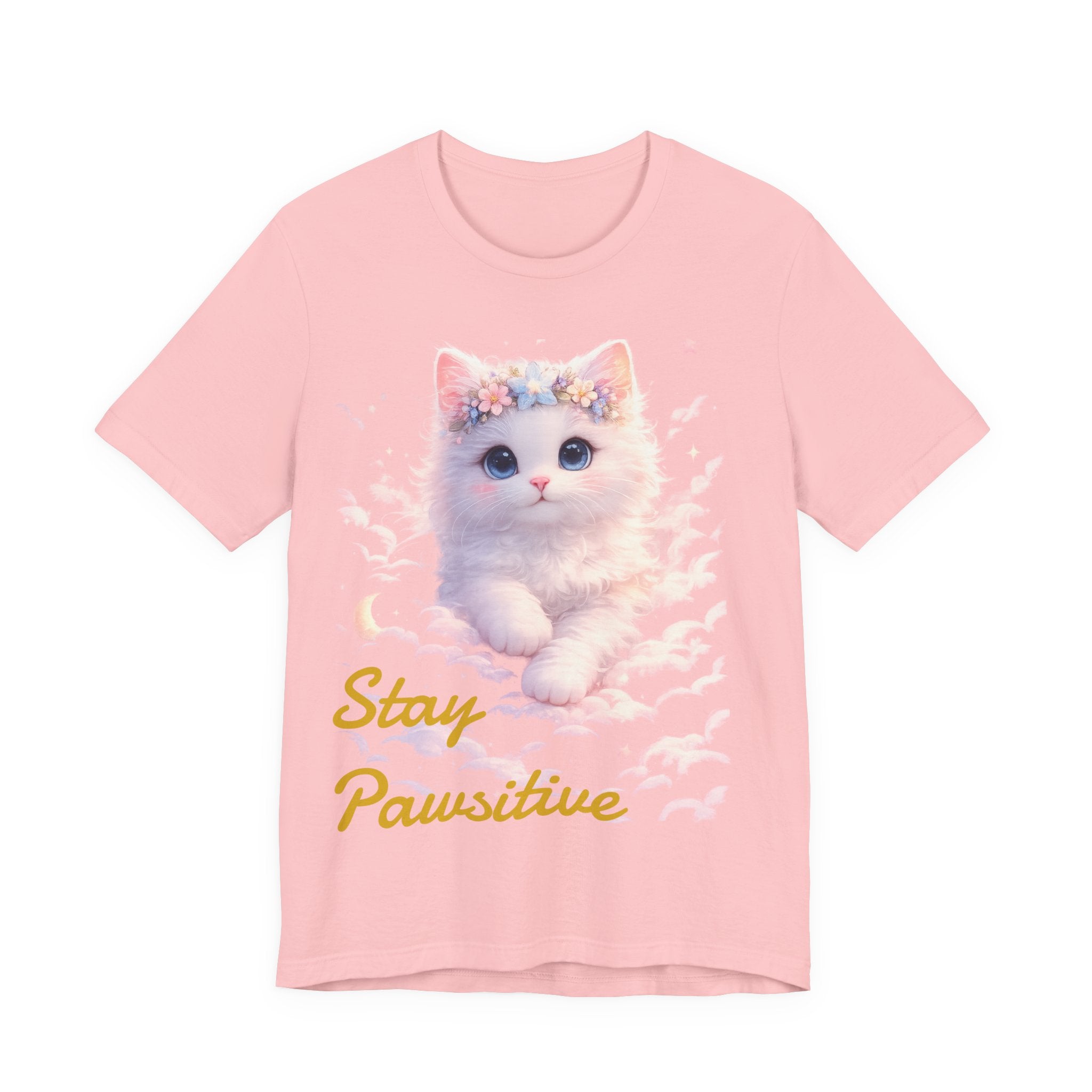 Stay Pawsitive Kitten Tee | Floral Crown Cat, Pastel Cloud Illustration