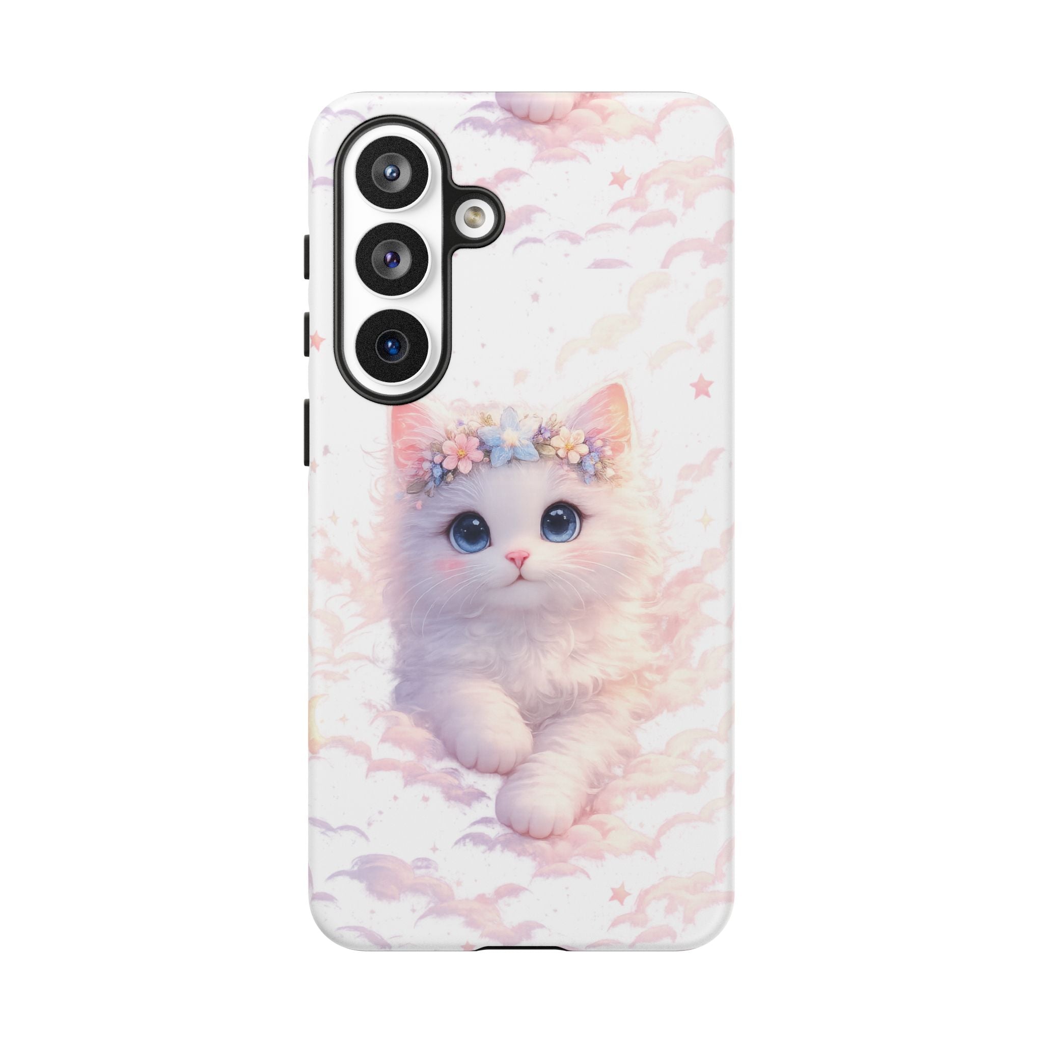 Cute Crowned Kitten Phone Case — Pastel Cloud & Star Protective Case