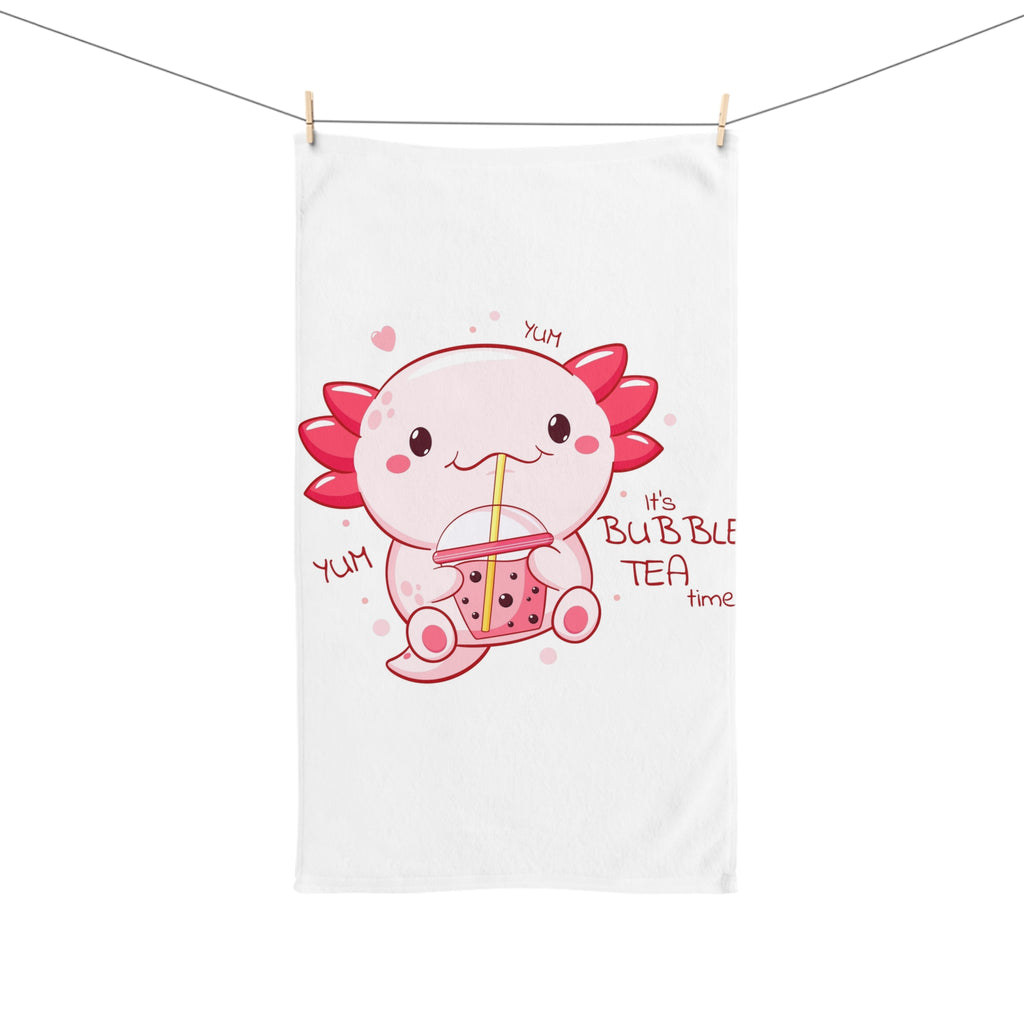 Cute Axolotl Drinking Bubble Tea Hand Towel | Kawaii Boba Design