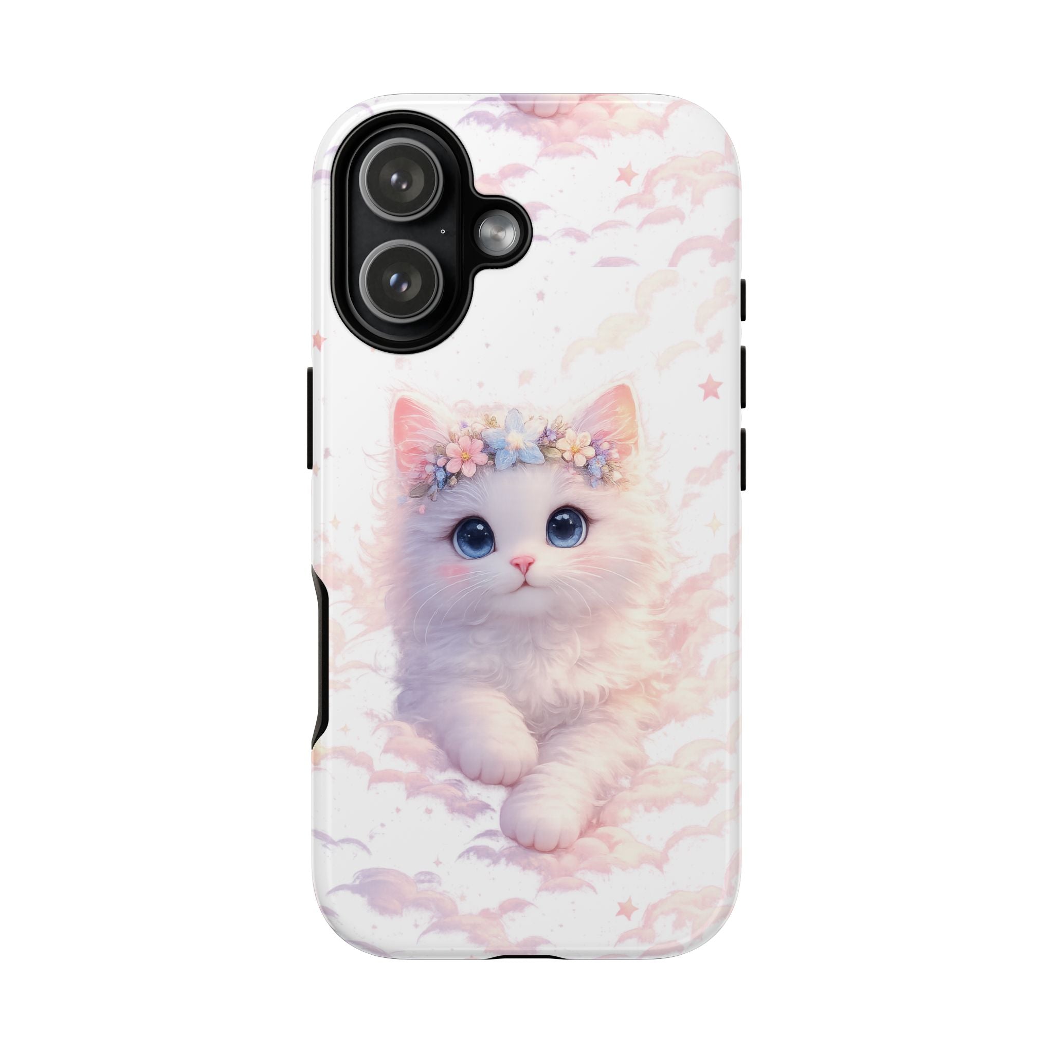 Cute Crowned Kitten Phone Case — Pastel Cloud & Star Protective Case