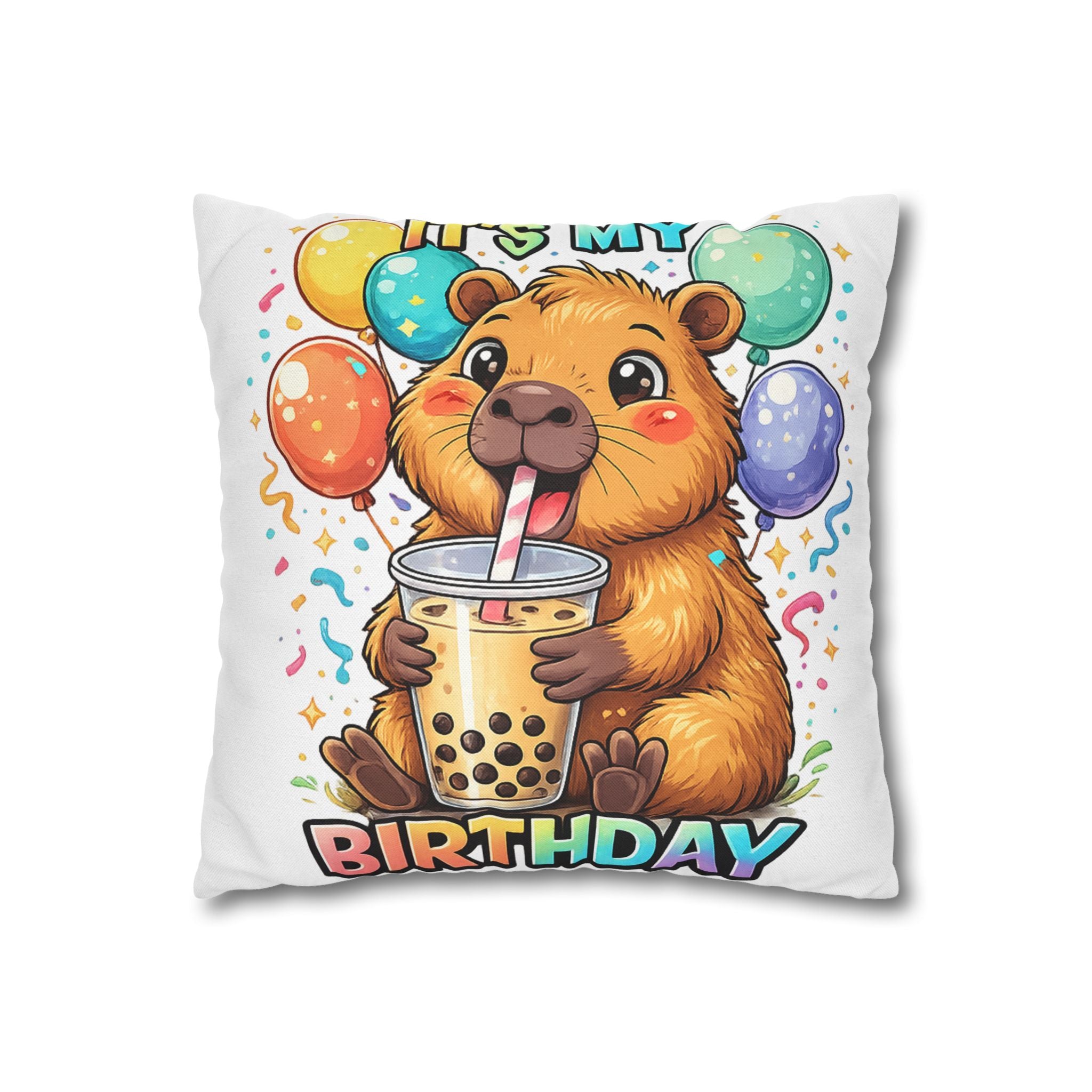 Cute Guinea Pig Drinking Bubble Tea Pillowcase | Birthday Balloon Design