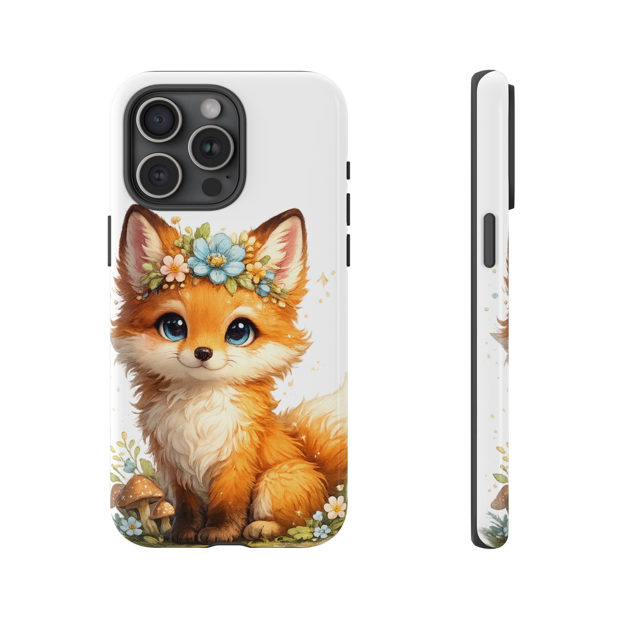 Woodland Fox Cub Phone Case — Protective Tough Case with Floral & Mushroom Art